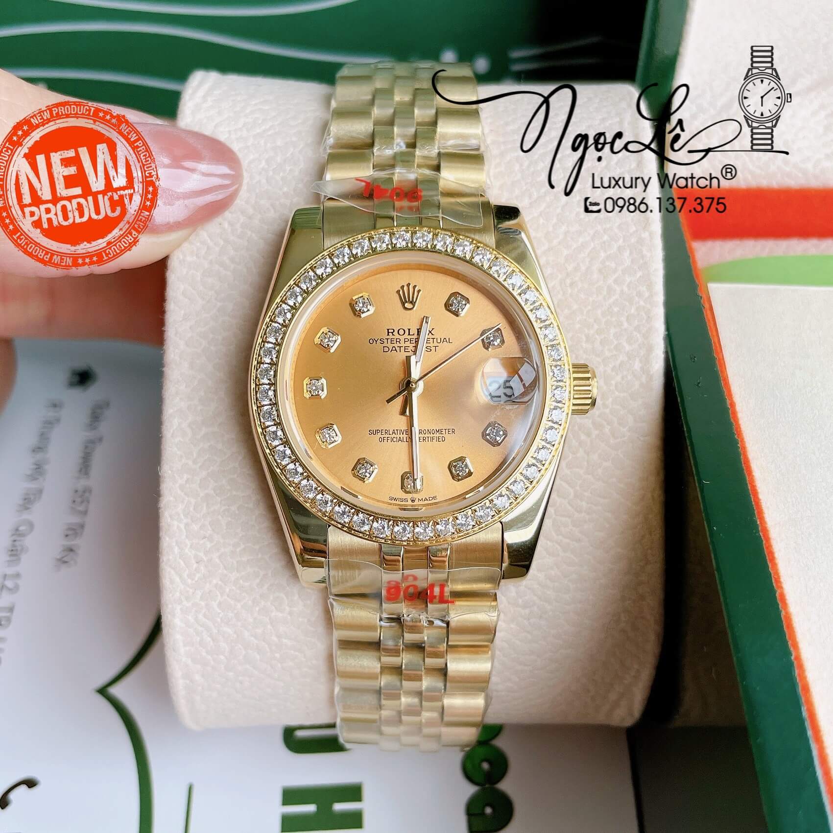 Đồng Hồ Nữ Rolex Datejust Pin Màu Vàng Mặt Vàng Đính Đá Size 32mm Full Box
