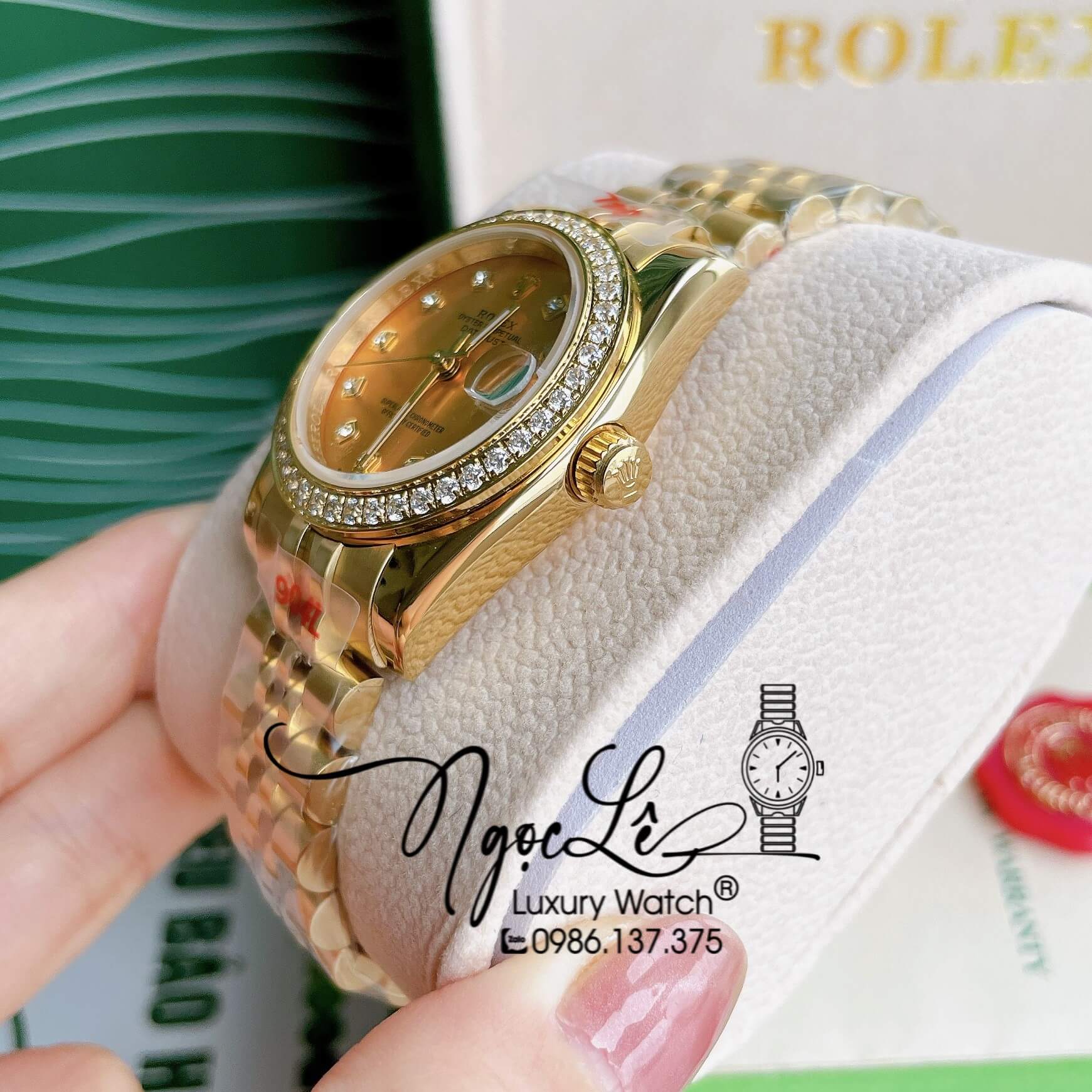 Đồng Hồ Nữ Rolex Datejust Pin Màu Vàng Mặt Vàng Đính Đá Size 32mm Full Box