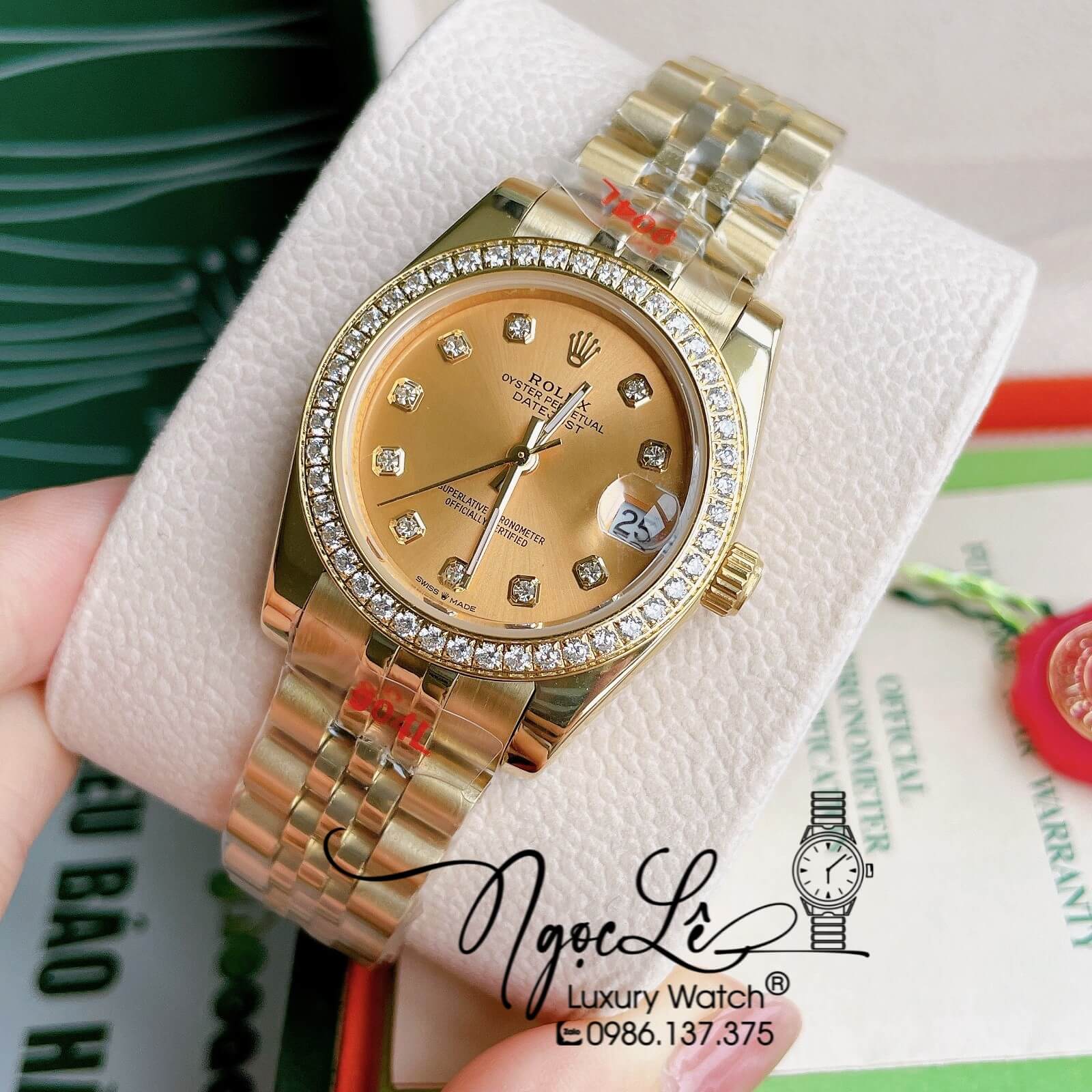 Đồng Hồ Nữ Rolex Datejust Pin Màu Vàng Mặt Vàng Đính Đá Size 32mm Full Box