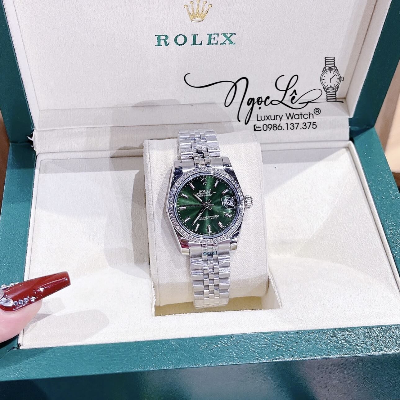 Đồng Hồ Nữ Rolex Datejust Pin Màu Bạc Mặt Xanh Lục Đính Đá Size 32mm