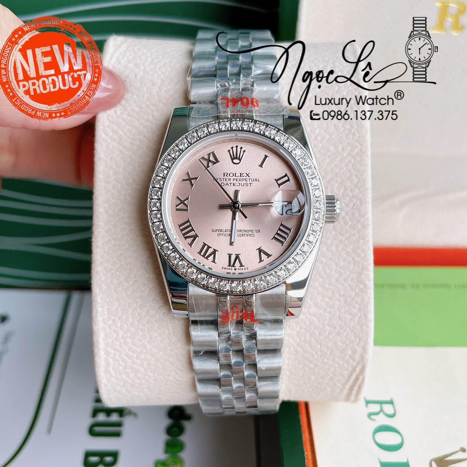 Đồng Hồ Nữ Rolex Datejust Pin Màu Bạc Mặt Hồng Nhạt Đính Đá Size 32mm Full Box