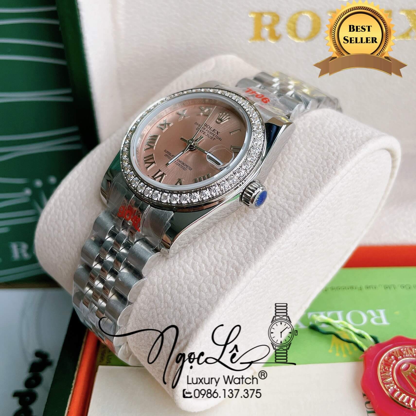 Đồng Hồ Nữ Rolex Datejust Pin Màu Bạc Mặt Hồng Nhạt Đính Đá Size 32mm Full Box