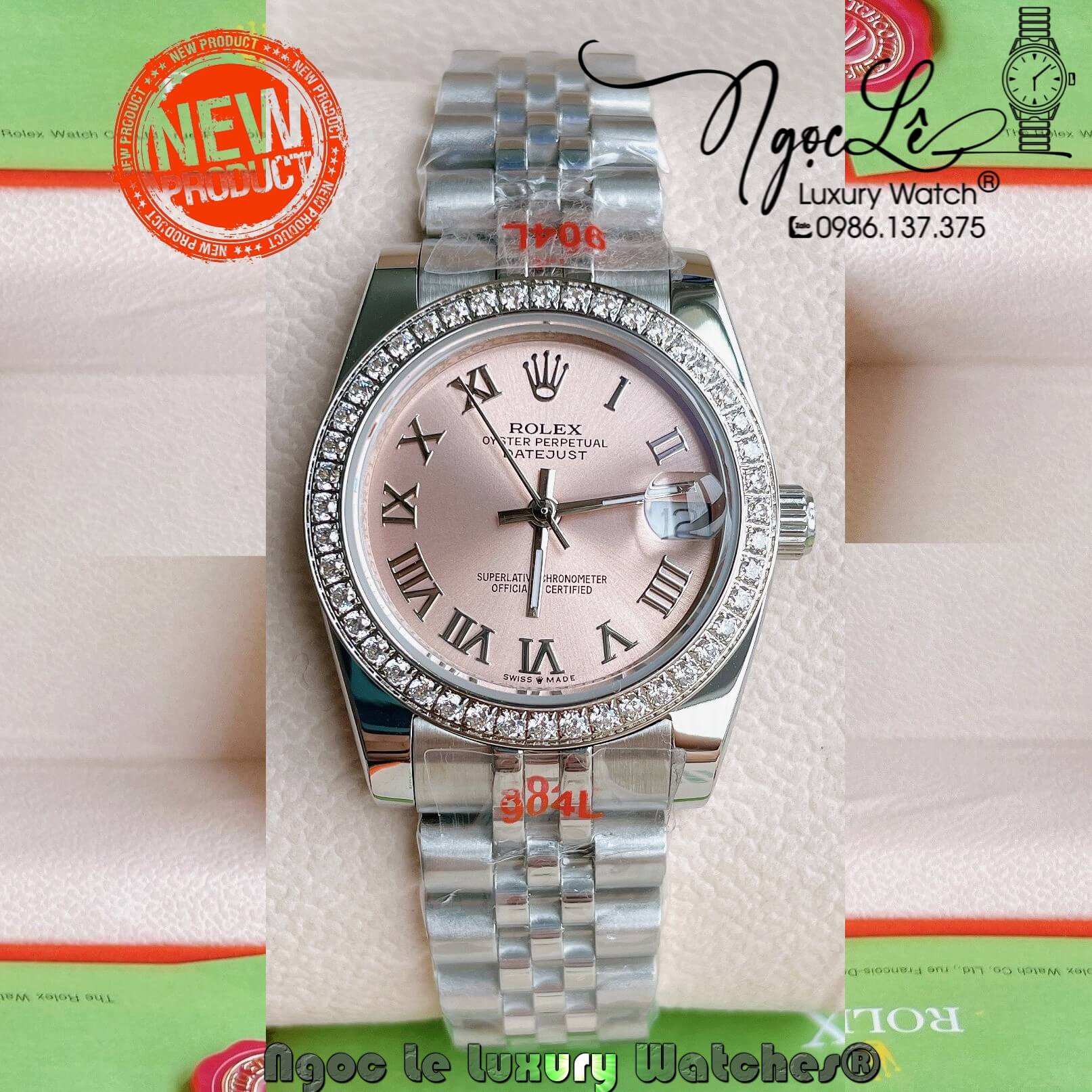 Đồng Hồ Nữ Rolex Datejust Pin Màu Bạc Mặt Hồng Nhạt Đính Đá Size 32mm Full Box