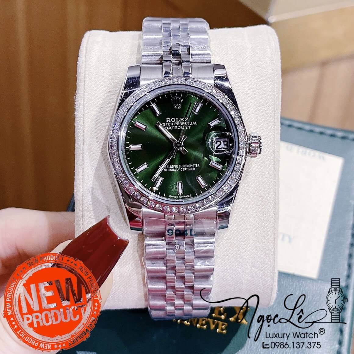 Đồng Hồ Nữ Rolex Datejust Pin Màu Bạc Mặt Xanh Lục Đính Đá Size 32mm