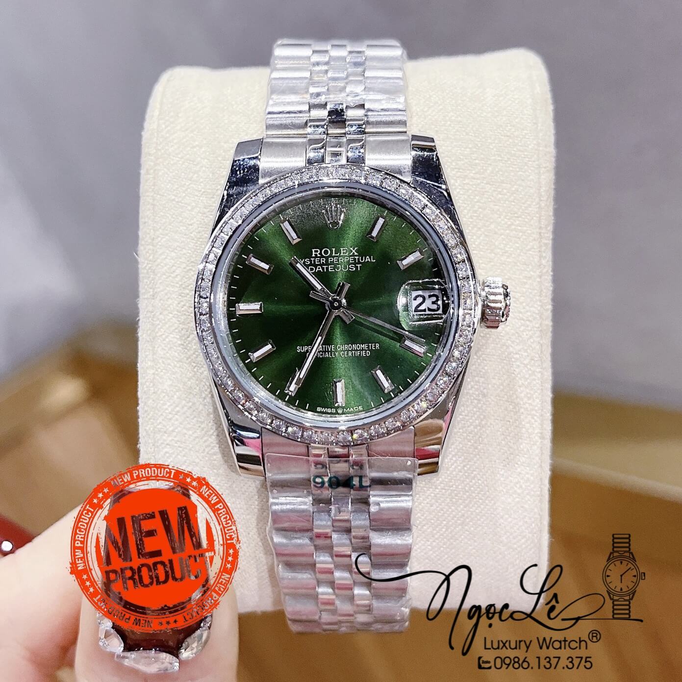 Đồng Hồ Nữ Rolex Datejust Pin Màu Bạc Mặt Xanh Lục Đính Đá Size 32mm