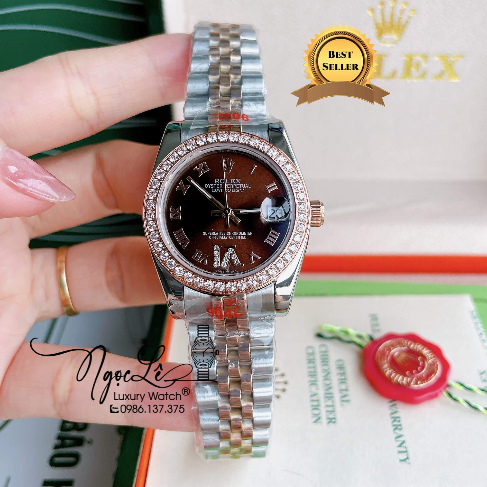 Đồng Hồ Nữ Rolex Datejust Pin Màu Demi Rose Mặt Nâu Đính Đá Size 32mm Full Box