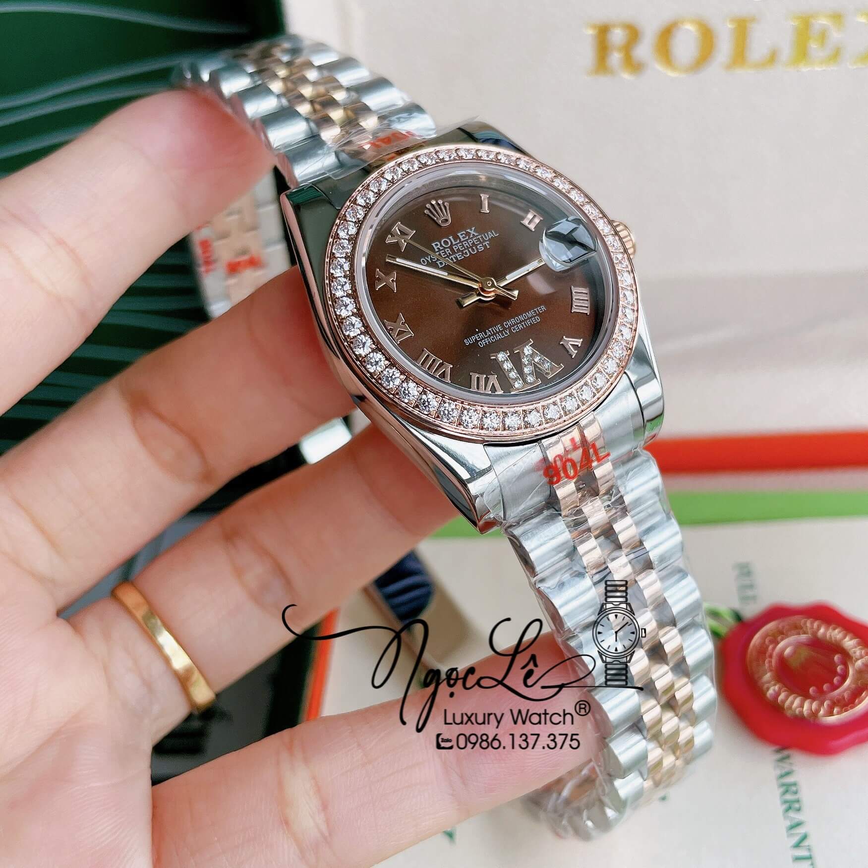 Đồng Hồ Nữ Rolex Datejust Pin Màu Demi Rose Mặt Nâu Đính Đá Size 32mm Full Box