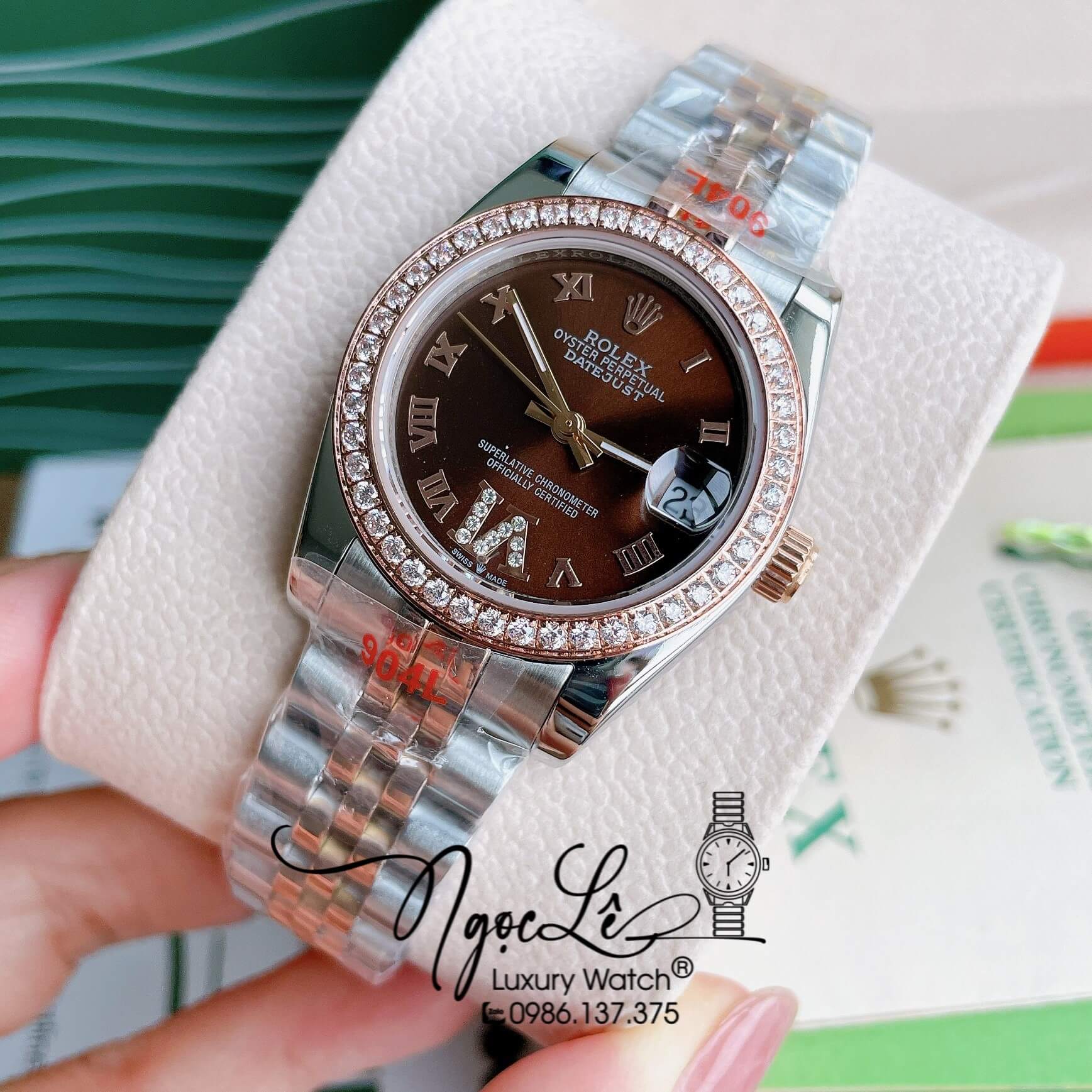 Đồng Hồ Nữ Rolex Datejust Pin Màu Demi Rose Mặt Nâu Đính Đá Size 32mm Full Box