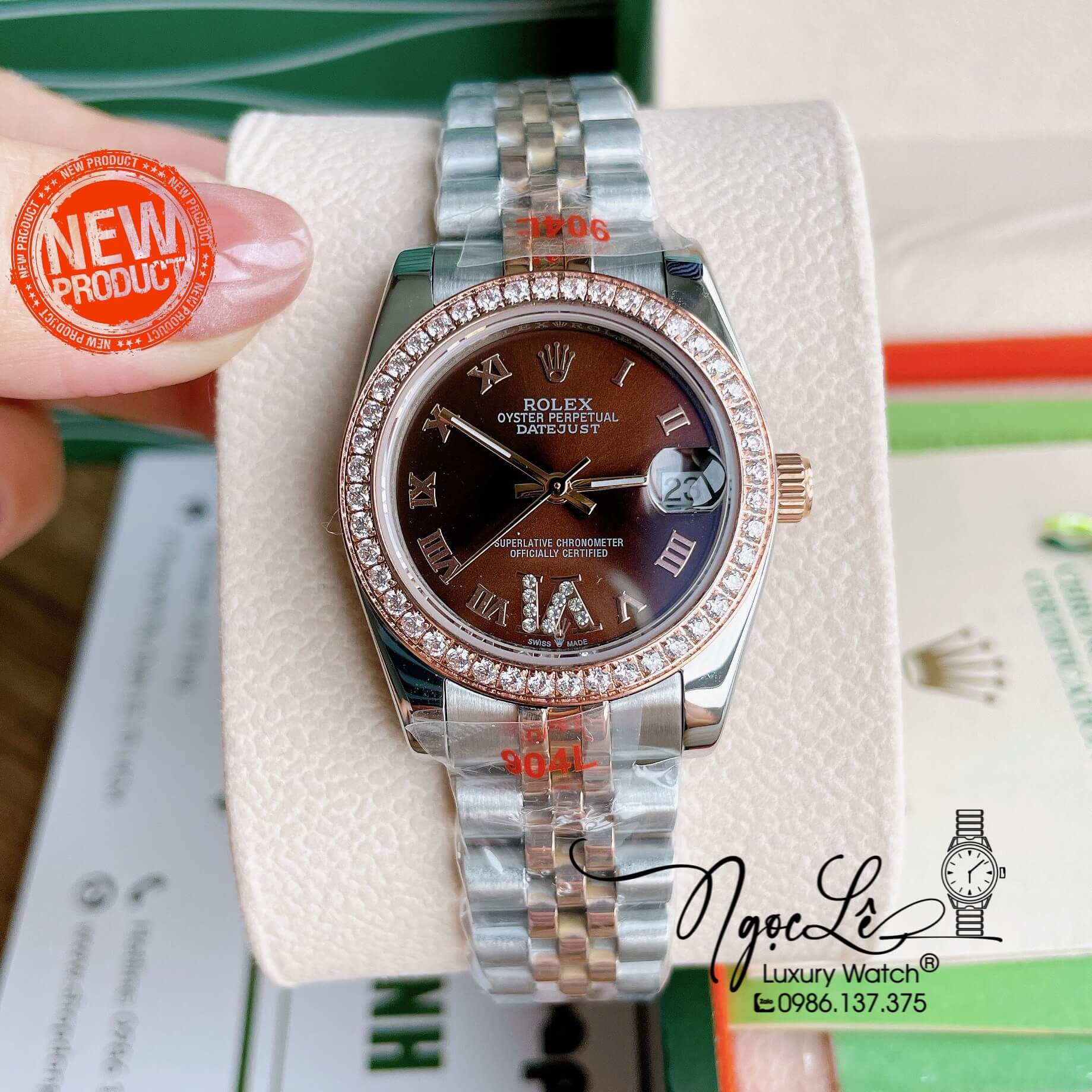 Đồng Hồ Nữ Rolex Datejust Pin Màu Demi Rose Mặt Nâu Đính Đá Size 32mm Full Box