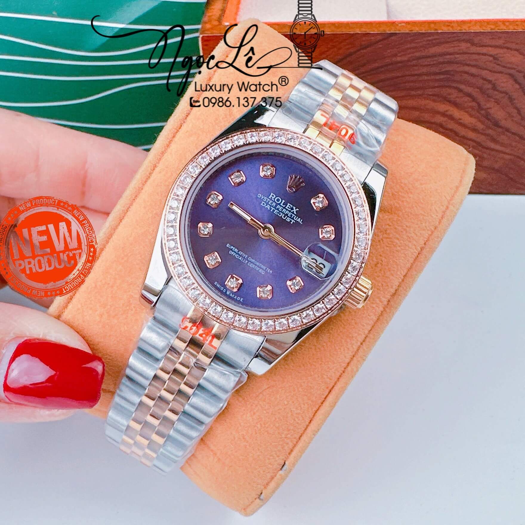 Đồng Hồ Nữ Rolex Datejust Pin Màu Demi Rose Mặt Tím Đính Đá Size 32mm