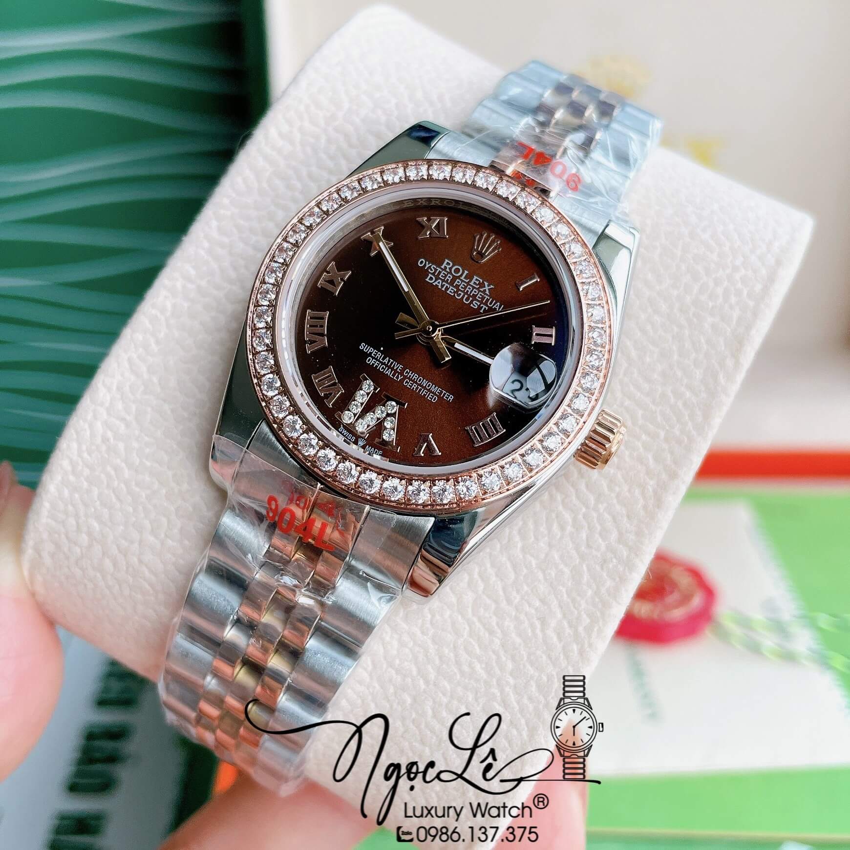Đồng Hồ Nữ Rolex Datejust Pin Màu Demi Rose Mặt Nâu Đính Đá Size 32mm Full Box