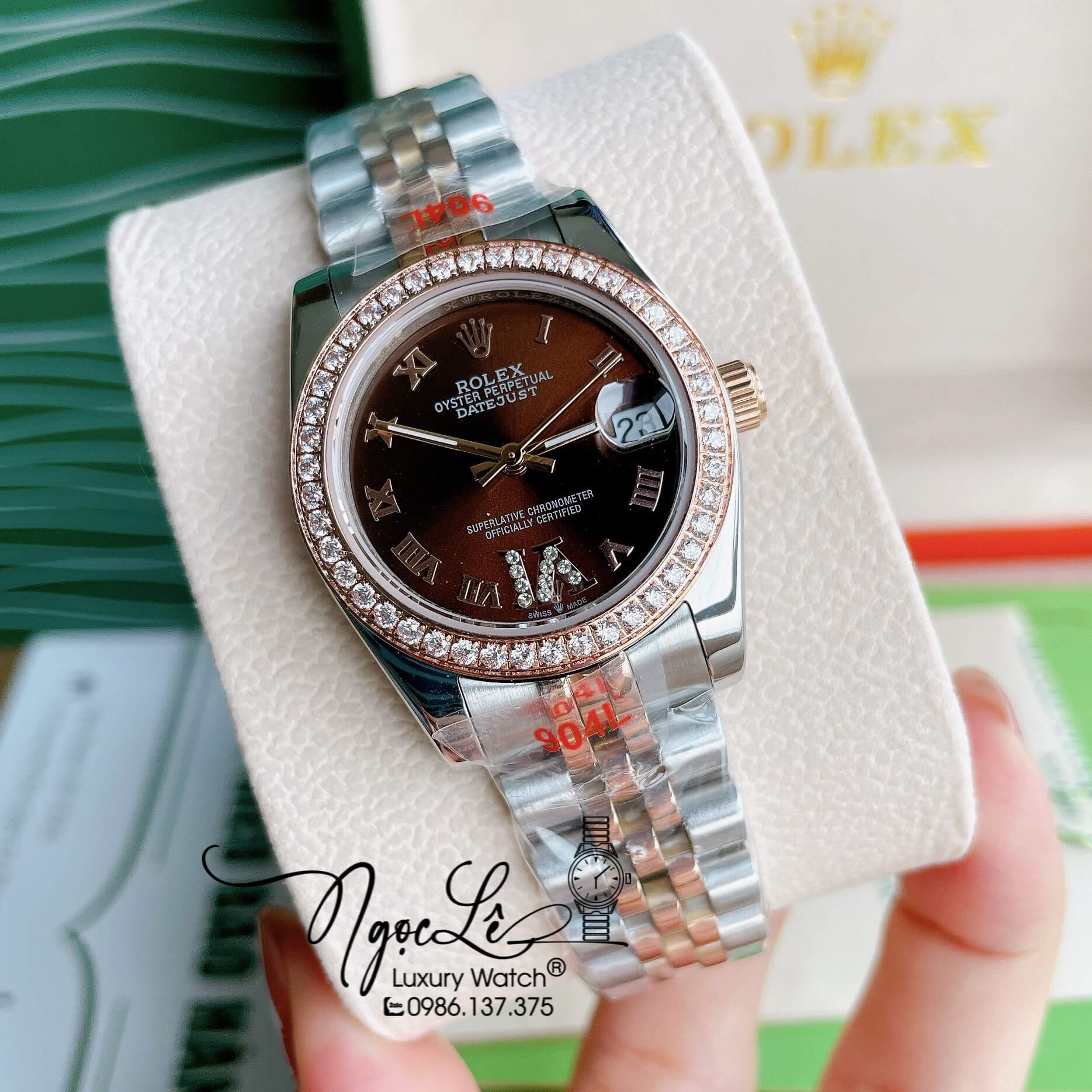 Đồng Hồ Nữ Rolex Datejust Pin Màu Demi Rose Mặt Nâu Đính Đá Size 32mm Full Box