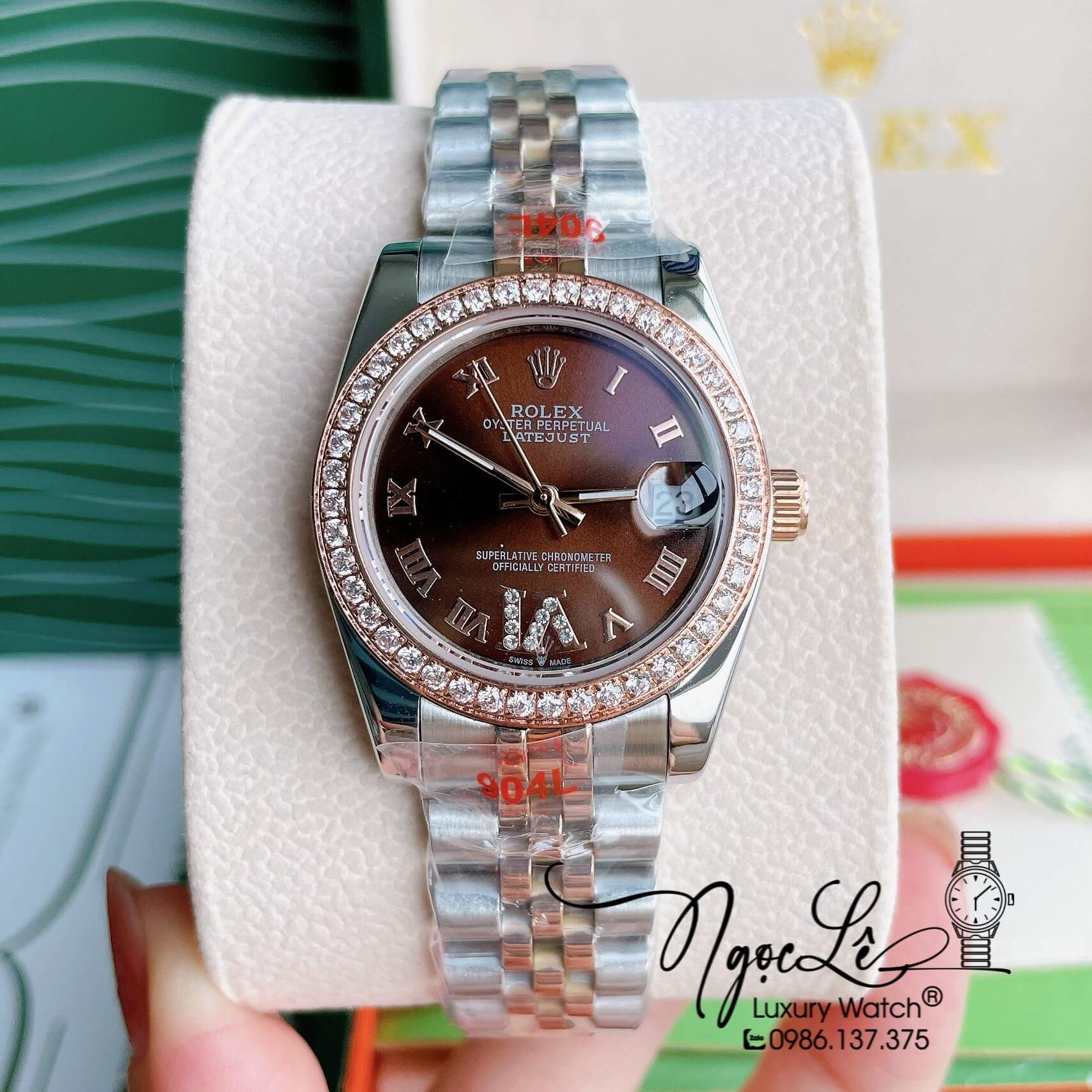 Đồng Hồ Nữ Rolex Datejust Pin Màu Demi Rose Mặt Nâu Đính Đá Size 32mm Full Box