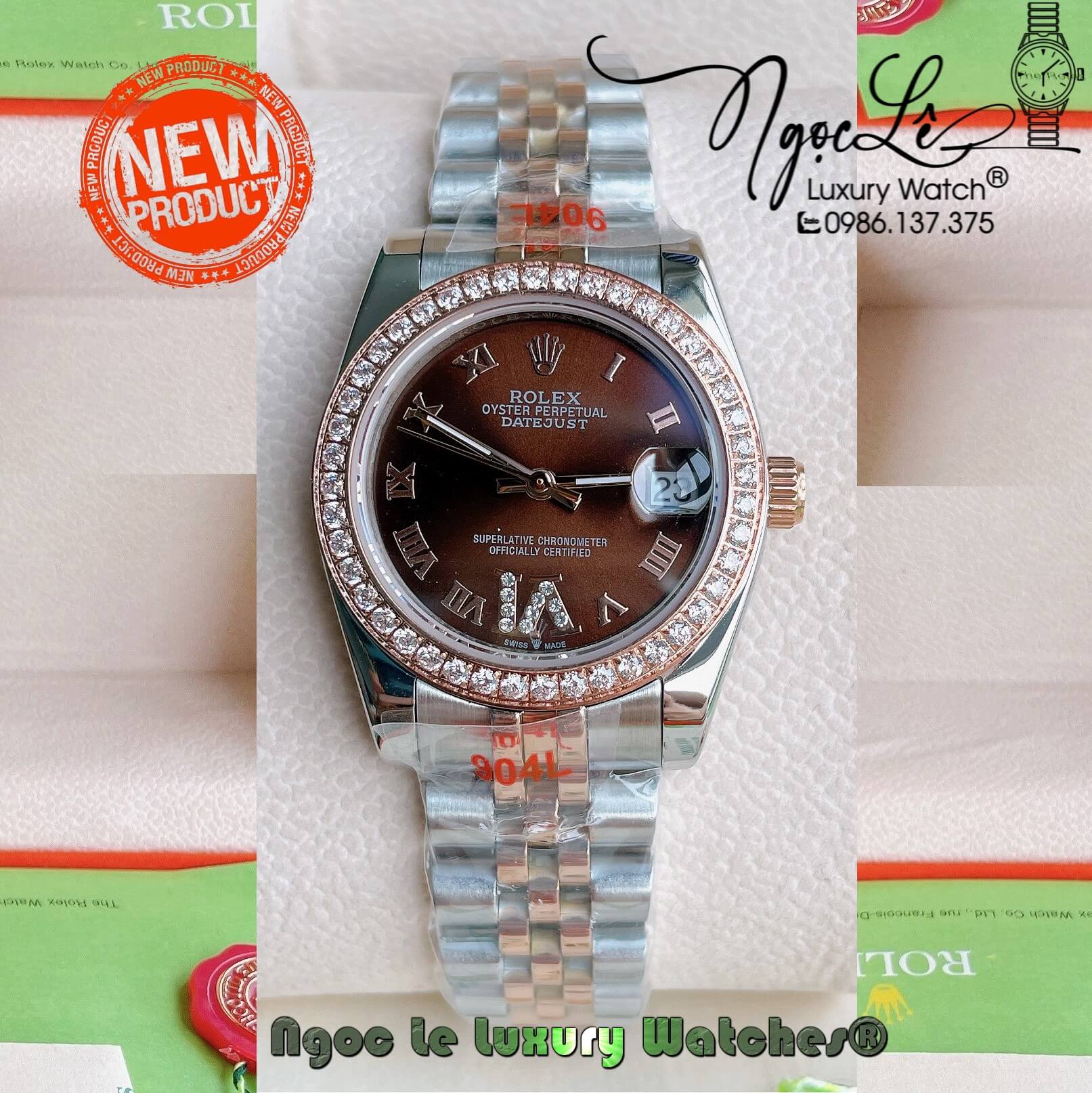 Đồng Hồ Nữ Rolex Datejust Pin Màu Demi Rose Mặt Nâu Đính Đá Size 32mm Full Box