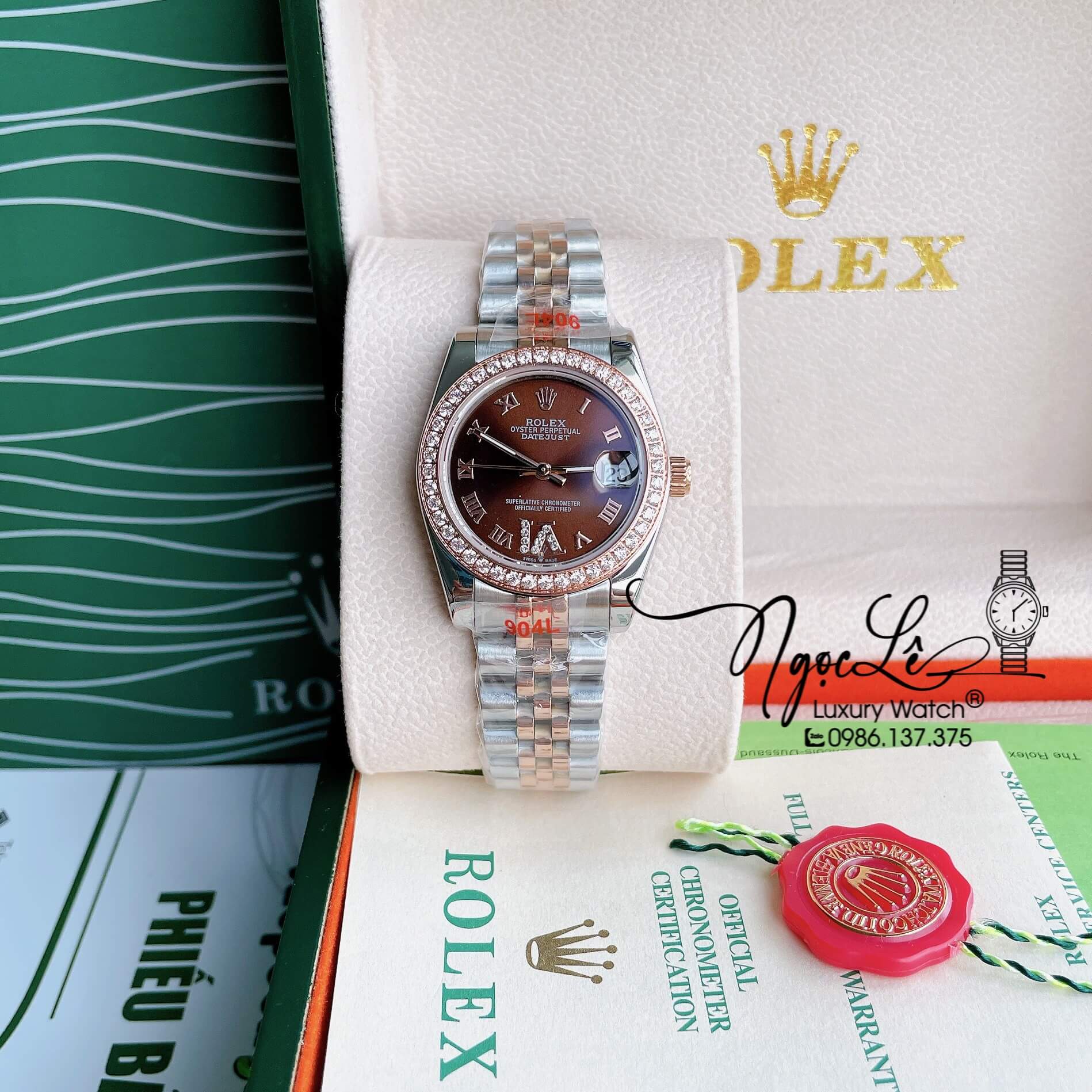 Đồng Hồ Nữ Rolex Datejust Pin Màu Demi Rose Mặt Nâu Đính Đá Size 32mm Full Box