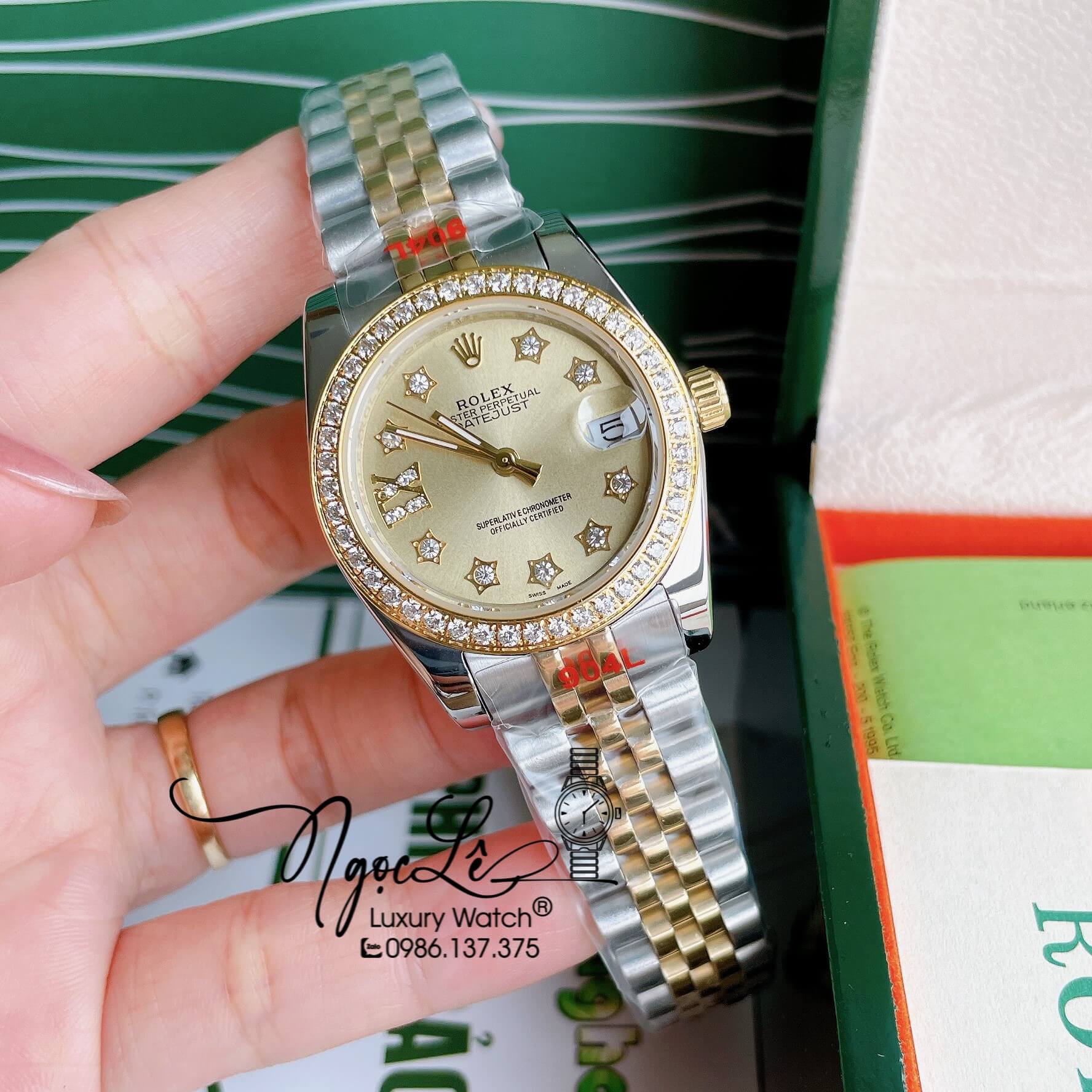 Đồng Hồ Nữ Rolex Datejust Pin Màu Demi Vàng Mặt Vàng Đính Đá Size 32mm