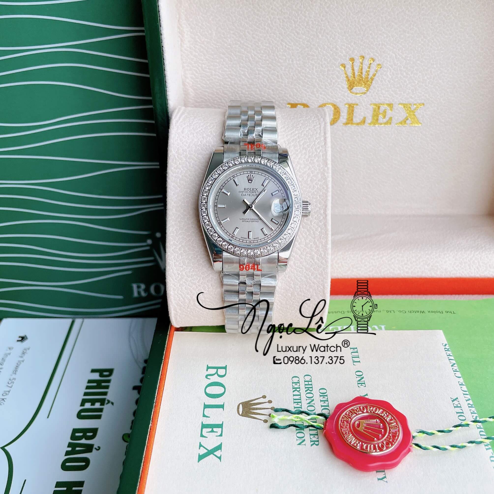 Đồng Hồ Nữ Rolex Datejust Pin Màu Bạc Mặt Xám Nhạt Đính Đá Size 32mm Full Box