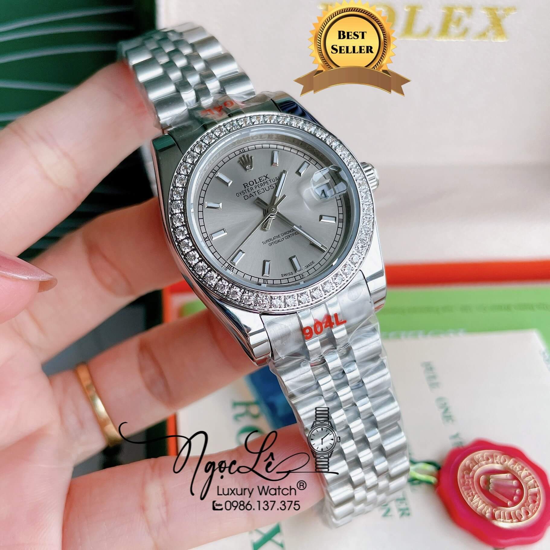 Đồng Hồ Nữ Rolex Datejust Pin Màu Bạc Mặt Xám Nhạt Đính Đá Size 32mm Full Box