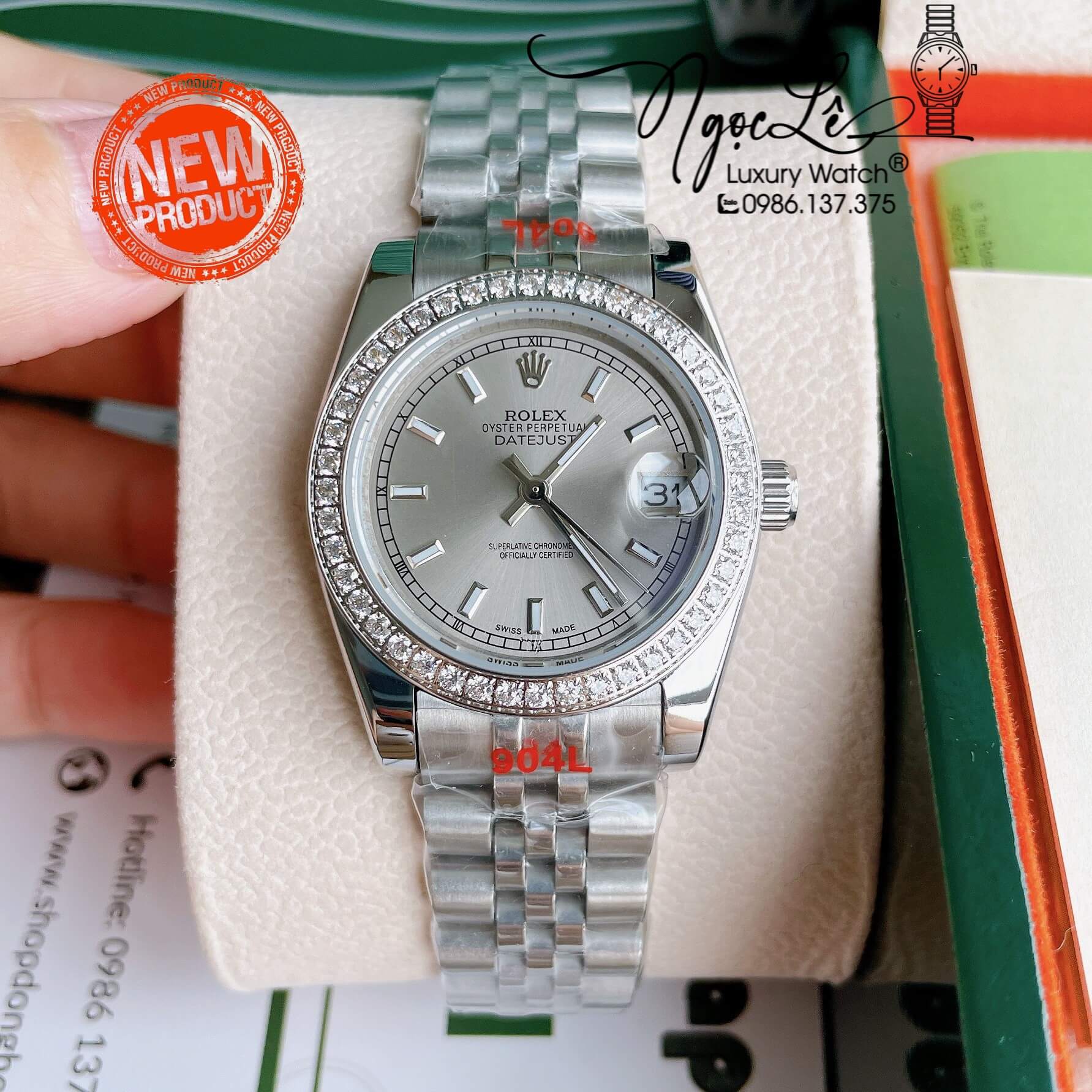Đồng Hồ Nữ Rolex Datejust Pin Màu Bạc Mặt Xám Nhạt Đính Đá Size 32mm Full Box