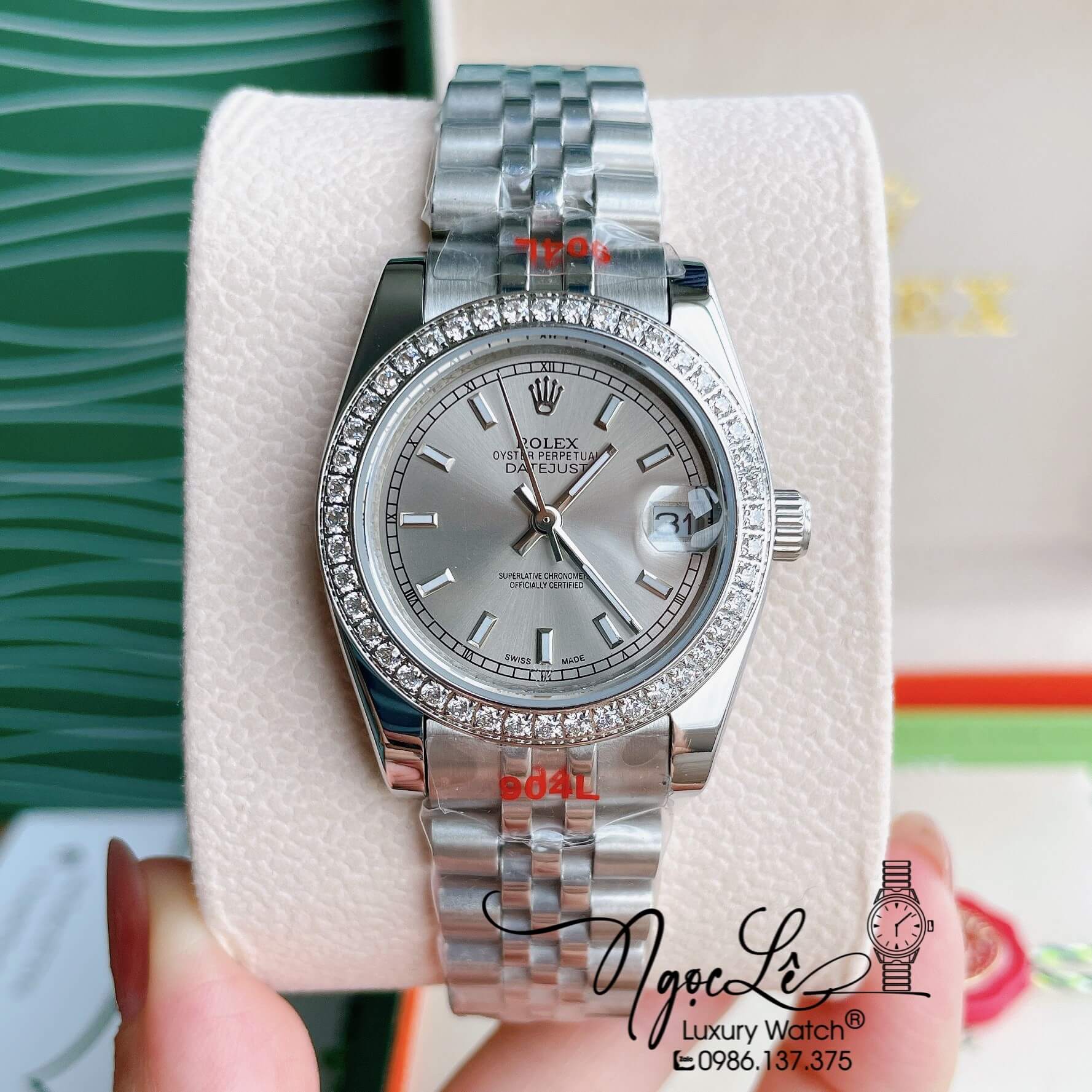 Đồng Hồ Nữ Rolex Datejust Pin Màu Bạc Mặt Xám Nhạt Đính Đá Size 32mm Full Box