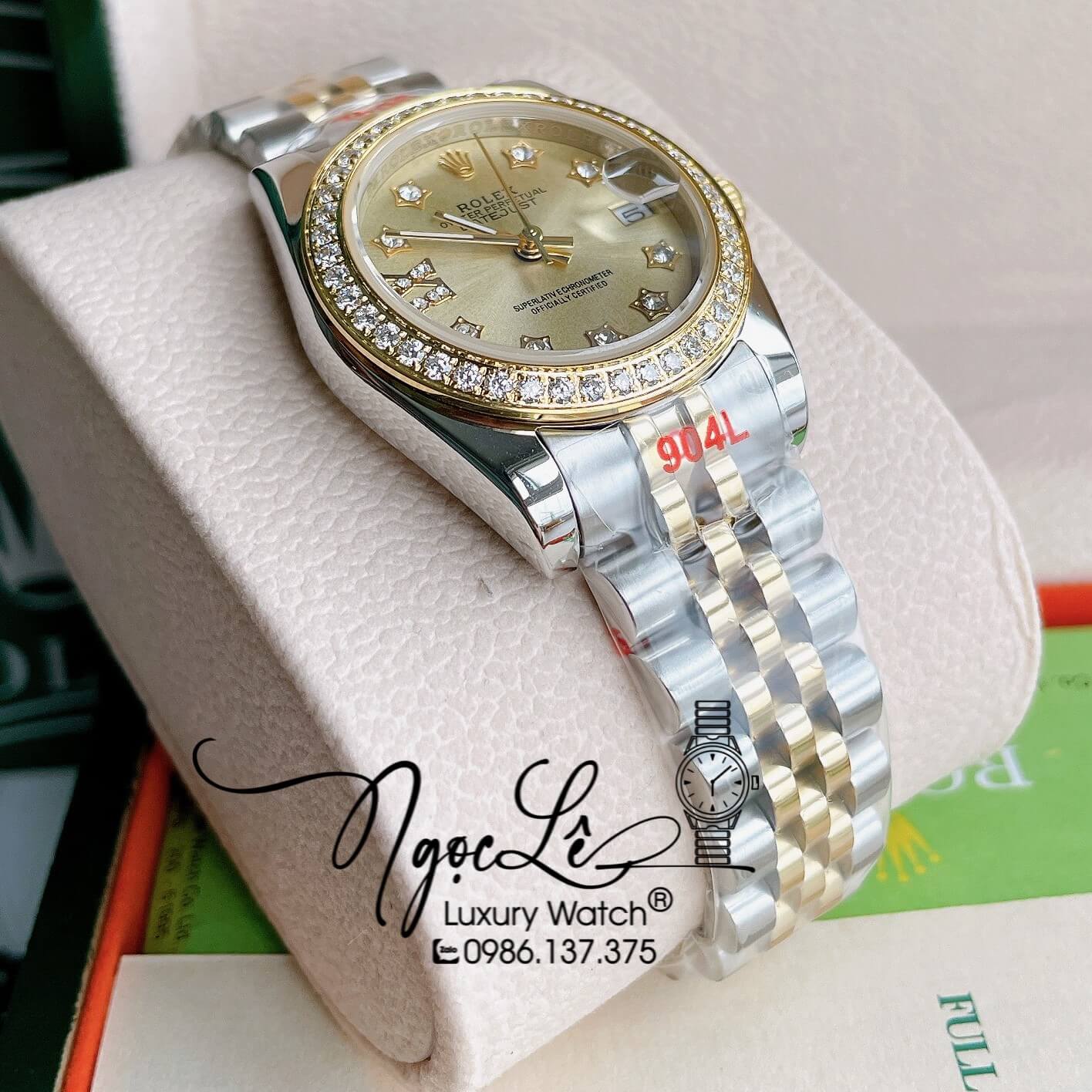 Đồng Hồ Nữ Rolex Datejust Pin Màu Demi Vàng Mặt Vàng Đính Đá Size 32mm