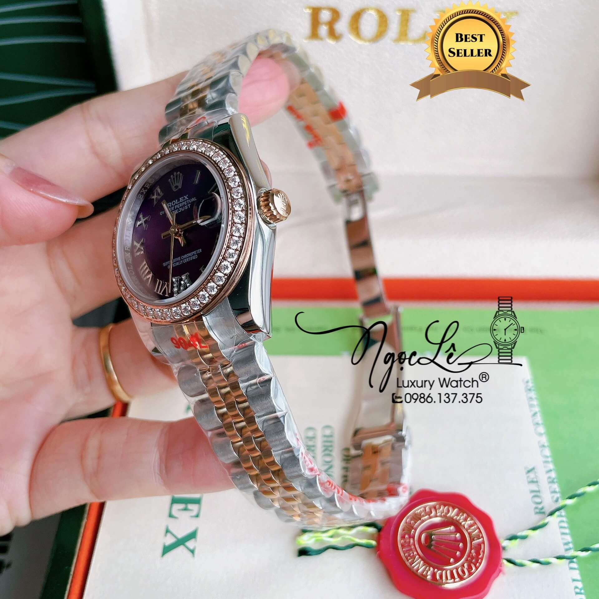 Đồng Hồ Nữ Rolex Datejust Pin Màu Demi Rose Mặt Tím Đính Đá Size 32mm Full Box
