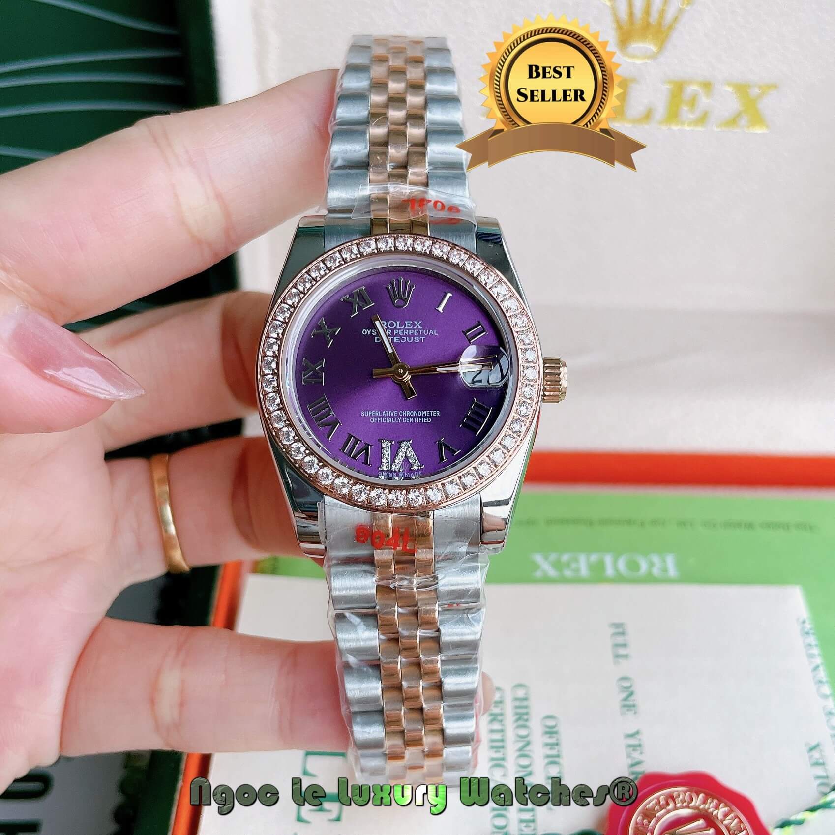 Đồng Hồ Nữ Rolex Datejust Pin Màu Demi Rose Mặt Tím Đính Đá Size 32mm Full Box