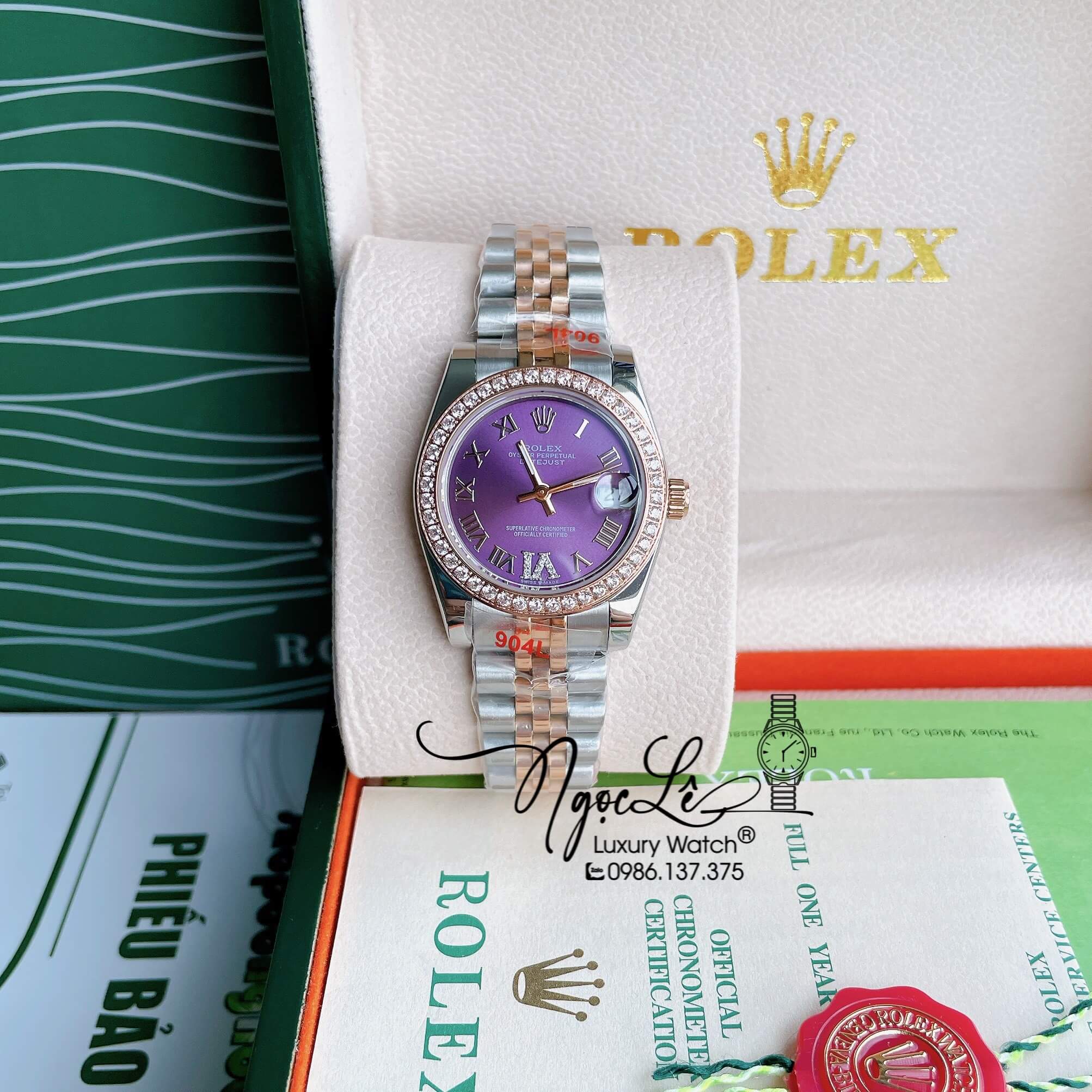 Đồng Hồ Nữ Rolex Datejust Pin Màu Demi Rose Mặt Tím Đính Đá Size 32mm Full Box