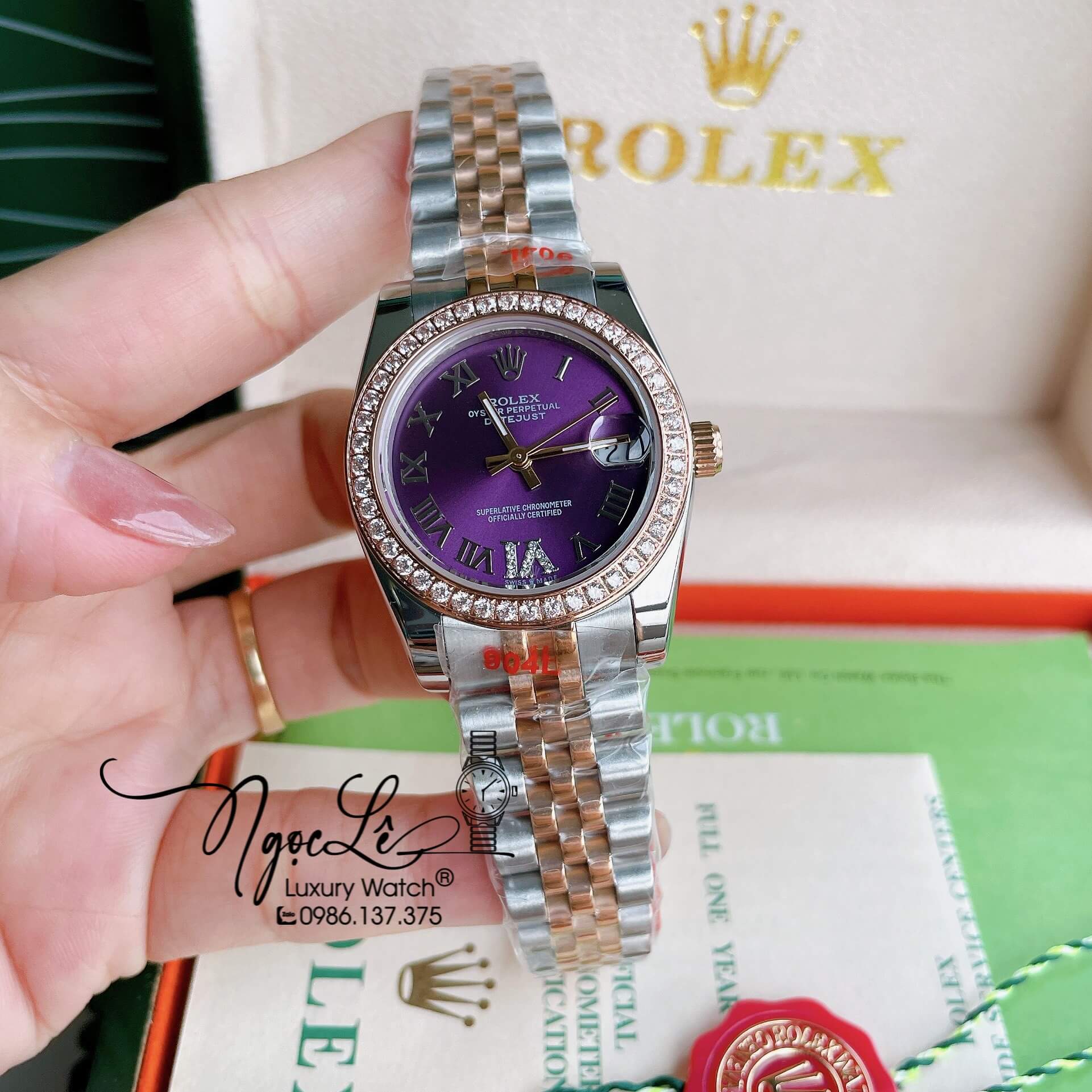 Đồng Hồ Nữ Rolex Datejust Pin Màu Demi Rose Mặt Tím Đính Đá Size 32mm Full Box