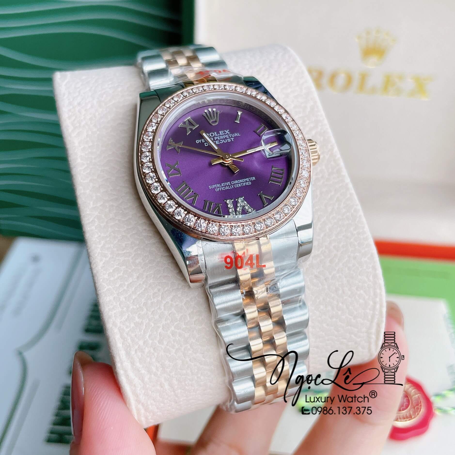 Đồng Hồ Nữ Rolex Datejust Pin Màu Demi Rose Mặt Tím Đính Đá Size 32mm Full Box