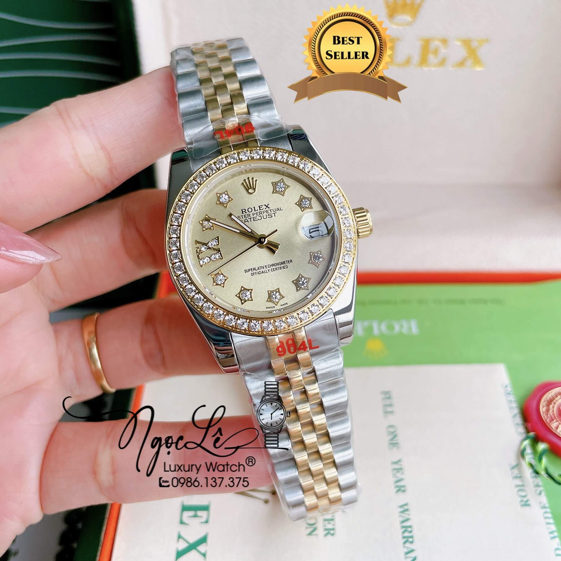 Đồng Hồ Nữ Rolex Datejust Pin Màu Demi Vàng Mặt Vàng Đính Đá Size 32mm