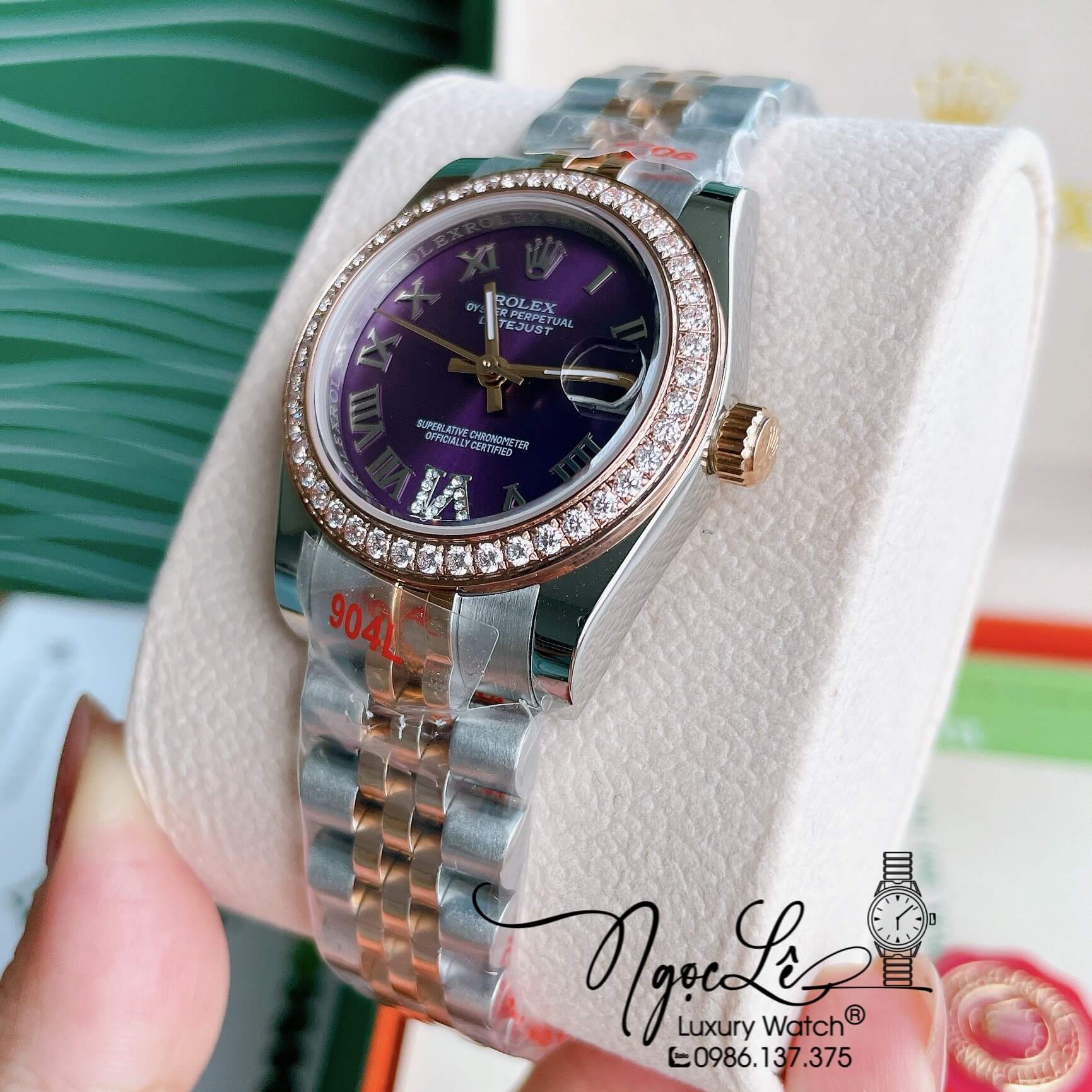 Đồng Hồ Nữ Rolex Datejust Pin Màu Demi Rose Mặt Tím Đính Đá Size 32mm Full Box