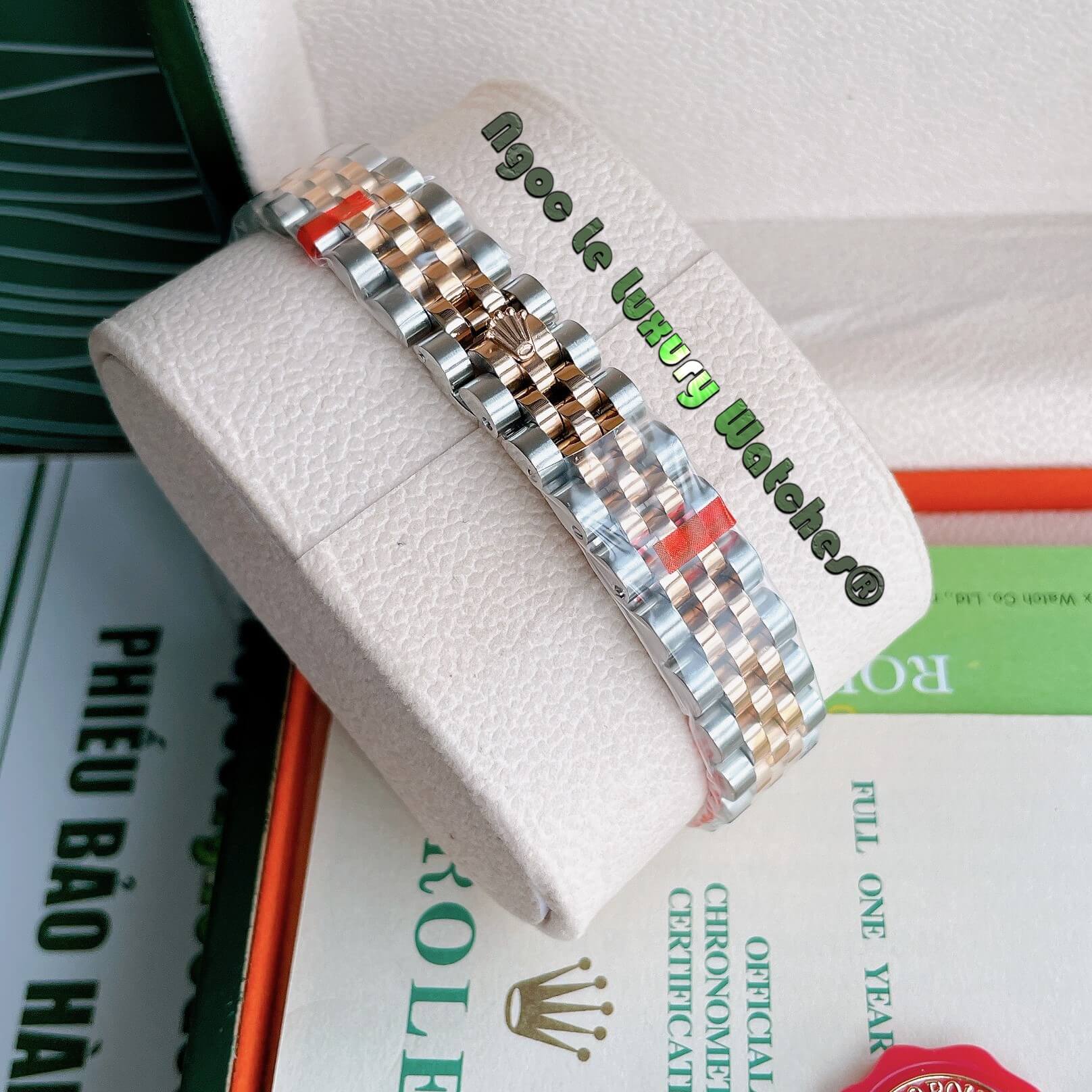 Đồng Hồ Nữ Rolex Datejust Pin Màu Demi Rose Mặt Tím Đính Đá Size 32mm Full Box