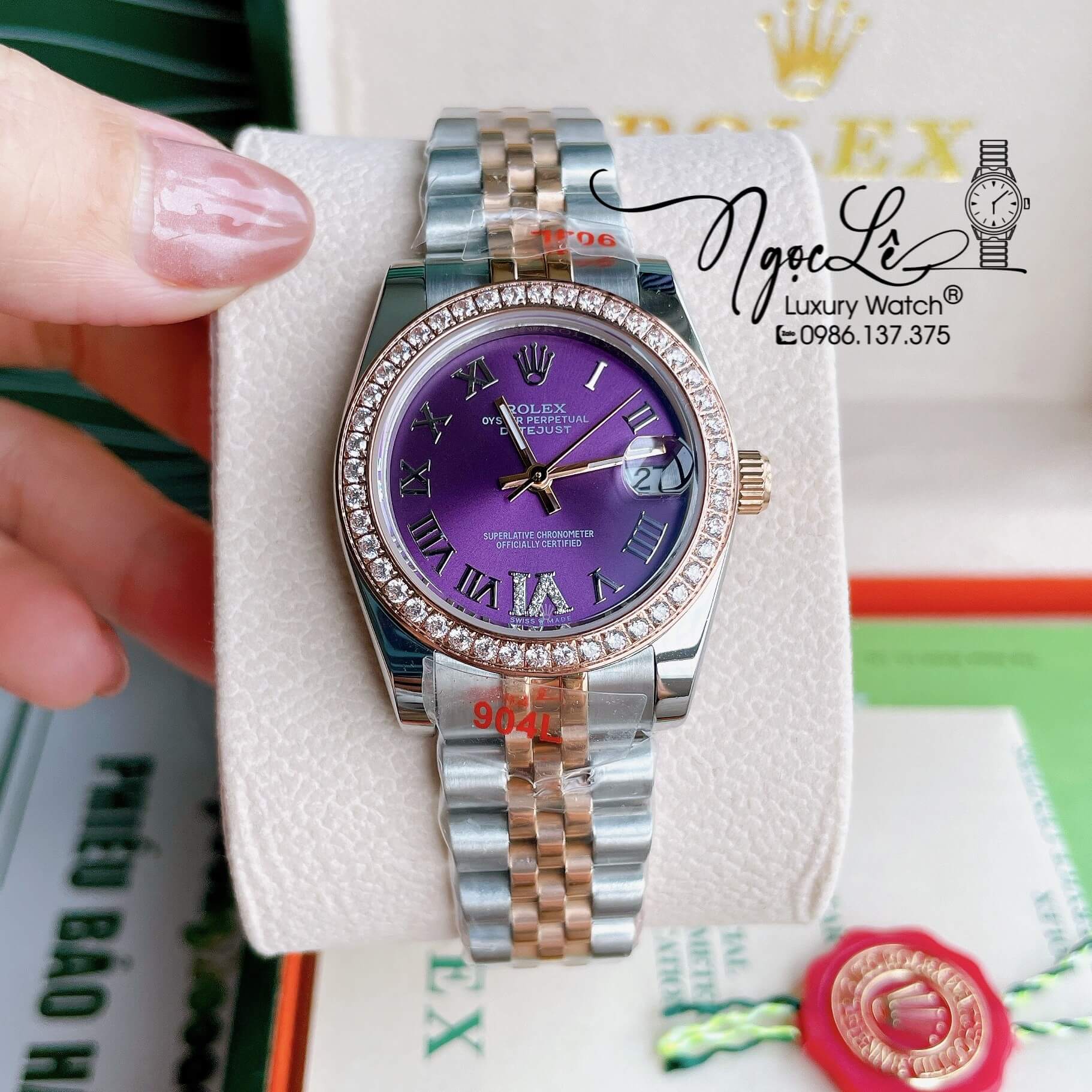 Đồng Hồ Nữ Rolex Datejust Pin Màu Demi Rose Mặt Tím Đính Đá Size 32mm Full Box