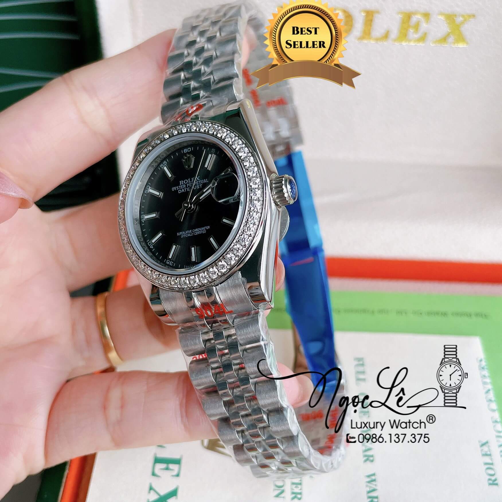 Đồng Hồ Nữ Rolex Datejust Pin Màu Bạc Mặt Xám Đính Đá Size 32mm Full Box
