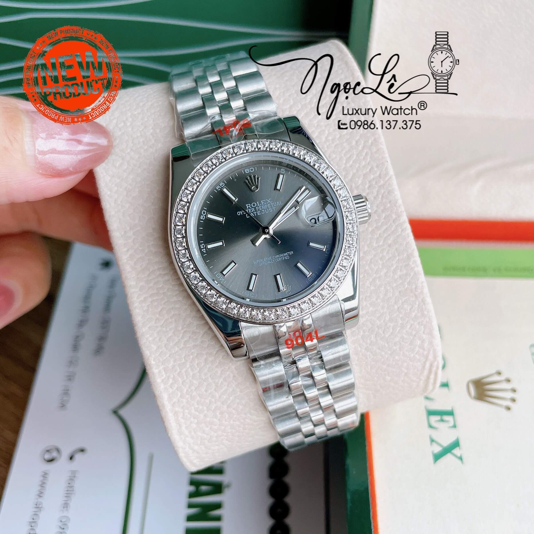 Đồng Hồ Nữ Rolex Datejust Pin Màu Bạc Mặt Xám Đính Đá Size 32mm Full Box