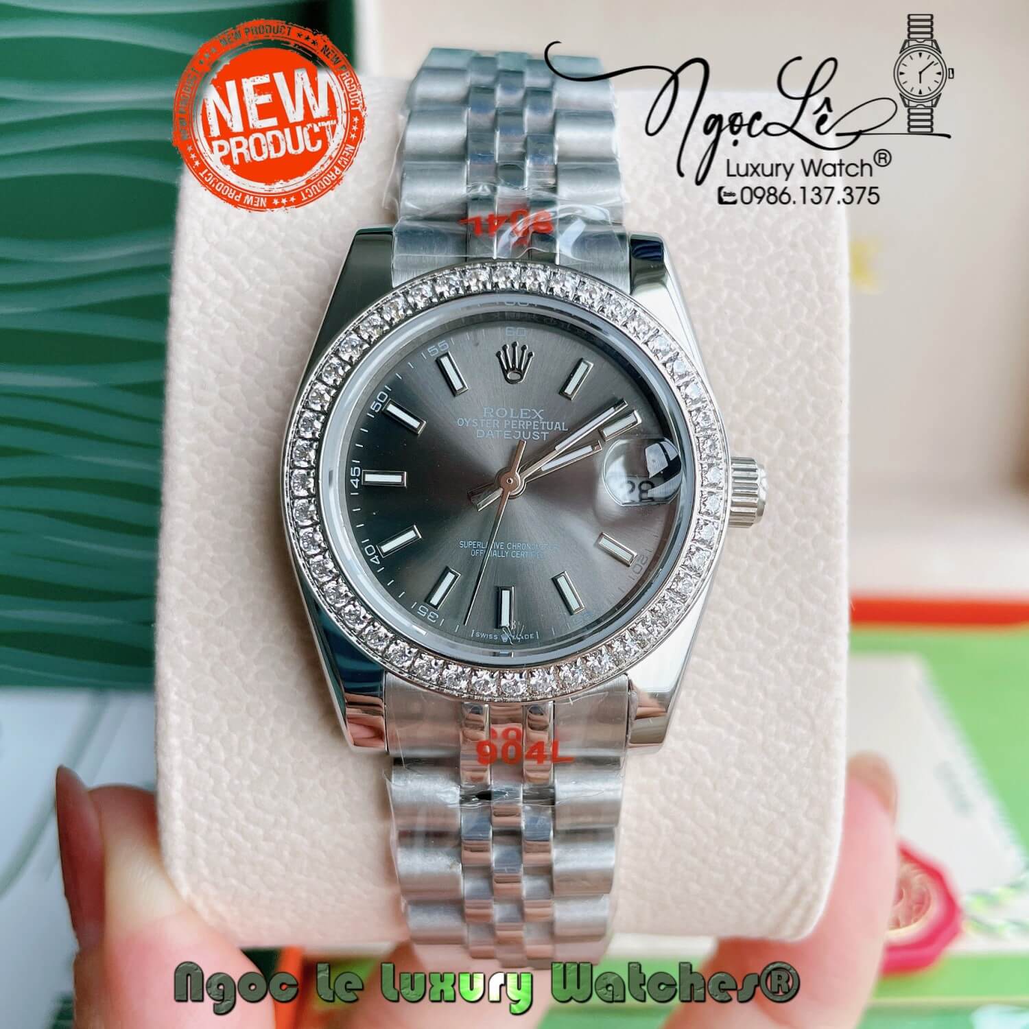 Đồng Hồ Nữ Rolex Datejust Pin Màu Bạc Mặt Xám Đính Đá Size 32mm Full Box
