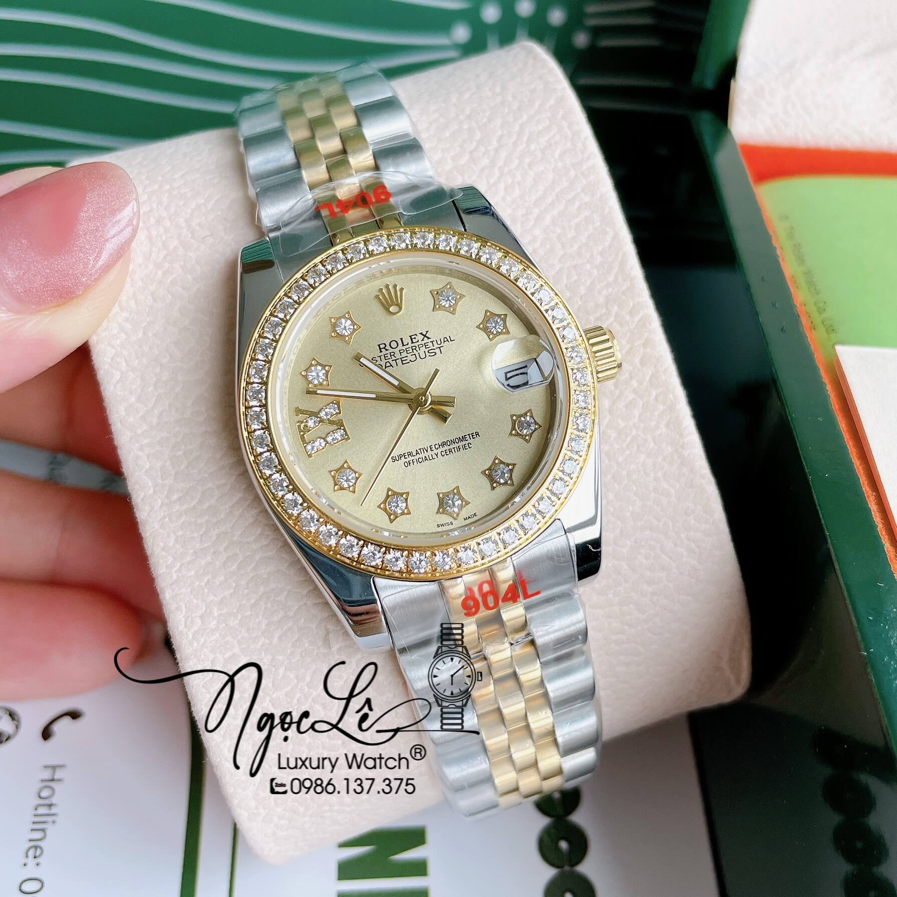 Đồng Hồ Nữ Rolex Datejust Pin Màu Demi Vàng Mặt Vàng Đính Đá Size 32mm