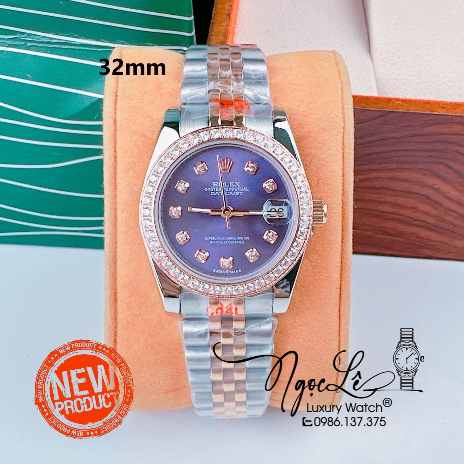 Đồng Hồ Nữ Rolex Datejust Pin Màu Demi Rose Mặt Tím Đính Đá Size 32mm