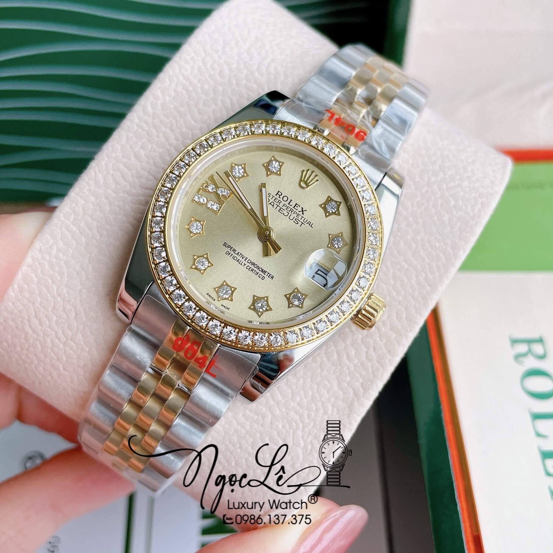 Đồng Hồ Nữ Rolex Datejust Pin Màu Demi Vàng Mặt Vàng Đính Đá Size 32mm