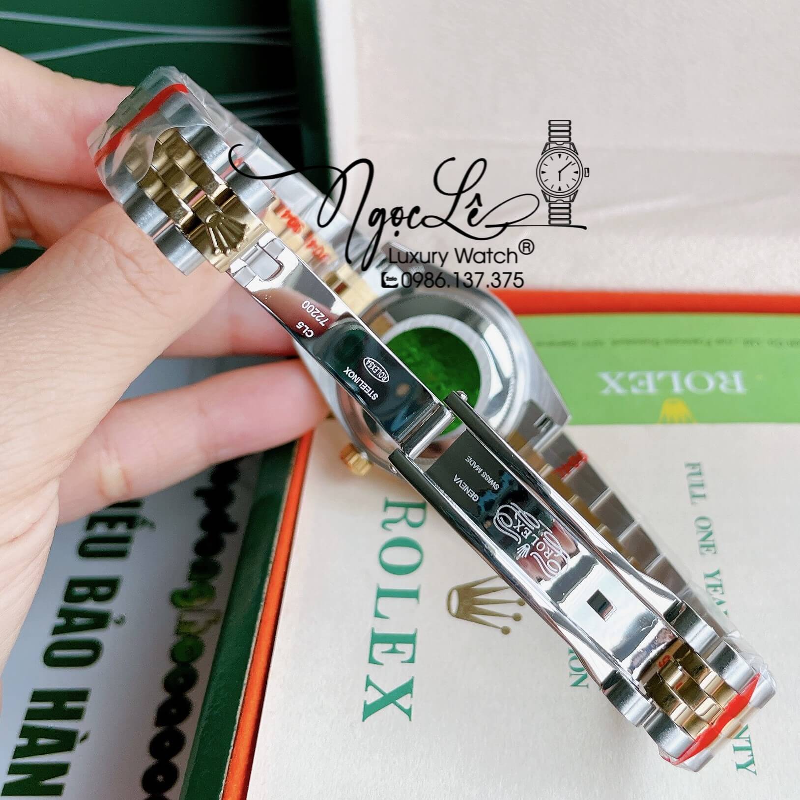 Đồng Hồ Nữ Rolex Datejust Pin Màu Demi Vàng Mặt Xanh Ngọc Xà Cừ Đính Đá Size 32mm