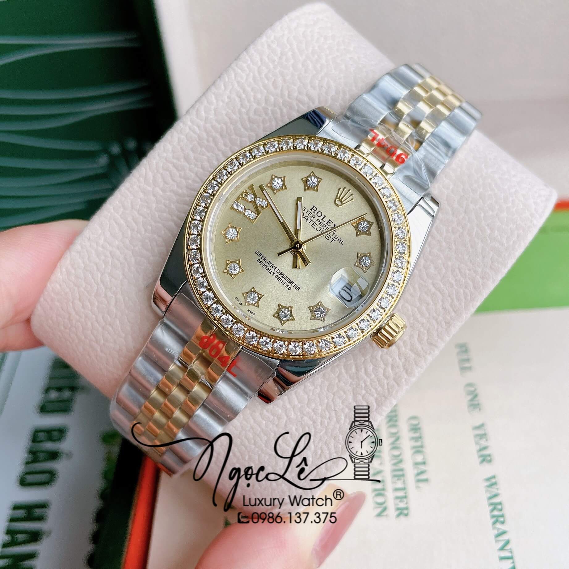 Đồng Hồ Nữ Rolex Datejust Pin Màu Demi Vàng Mặt Vàng Đính Đá Size 32mm