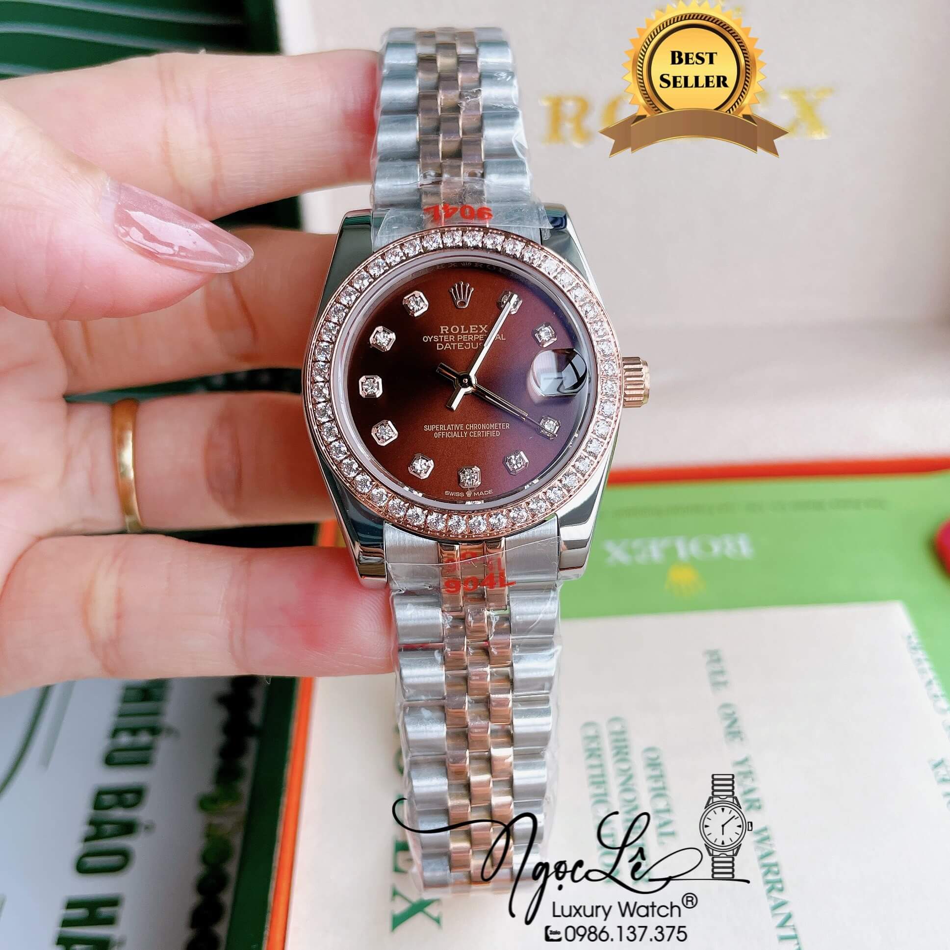 Đồng Hồ Nữ Rolex Datejust Pin Màu Demi Rose Mặt Nâu Đính Đá Size 32mm