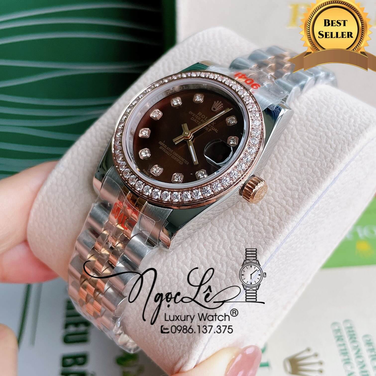 Đồng Hồ Nữ Rolex Datejust Pin Màu Demi Rose Mặt Nâu Đính Đá Size 32mm