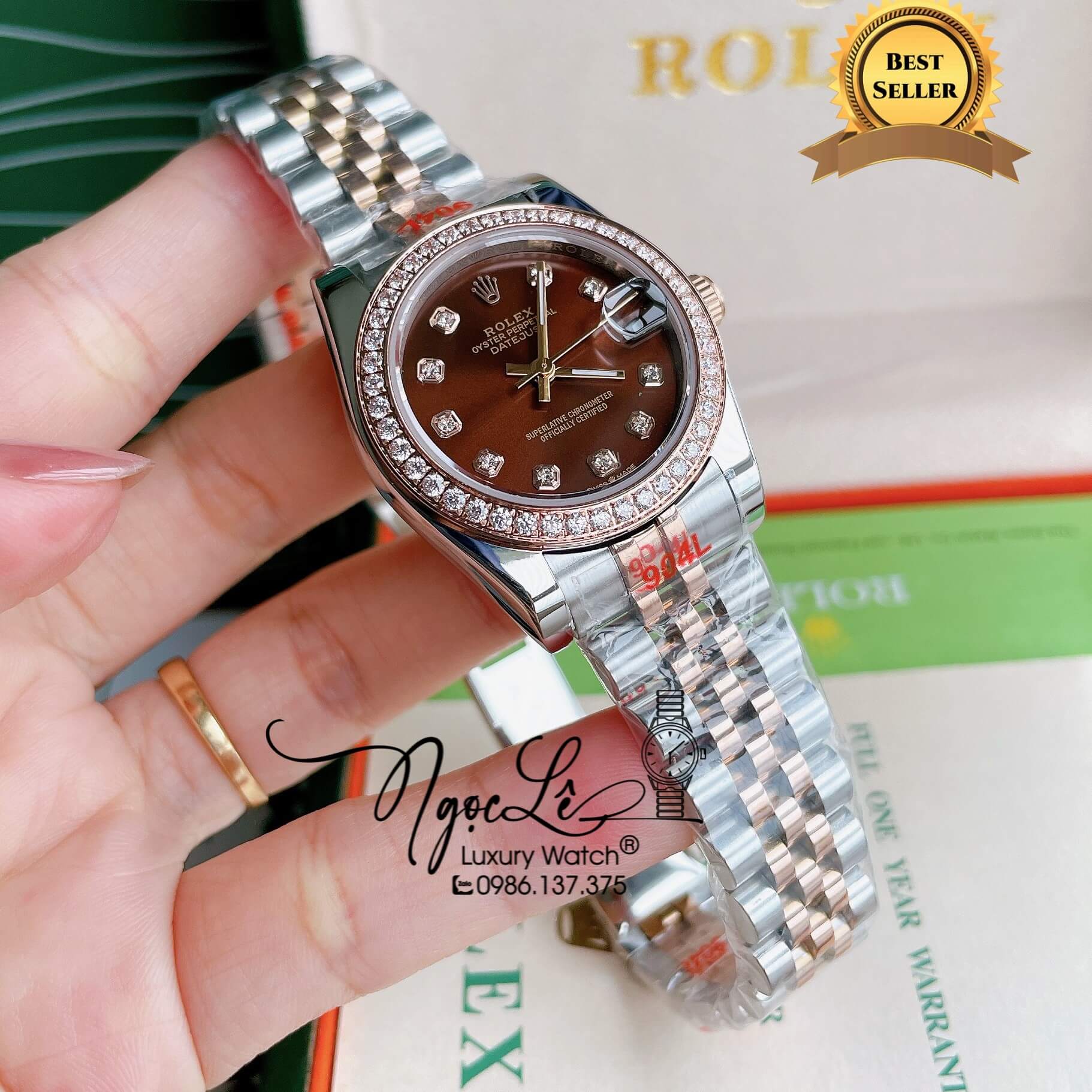 Đồng Hồ Nữ Rolex Datejust Pin Màu Demi Rose Mặt Nâu Đính Đá Size 32mm