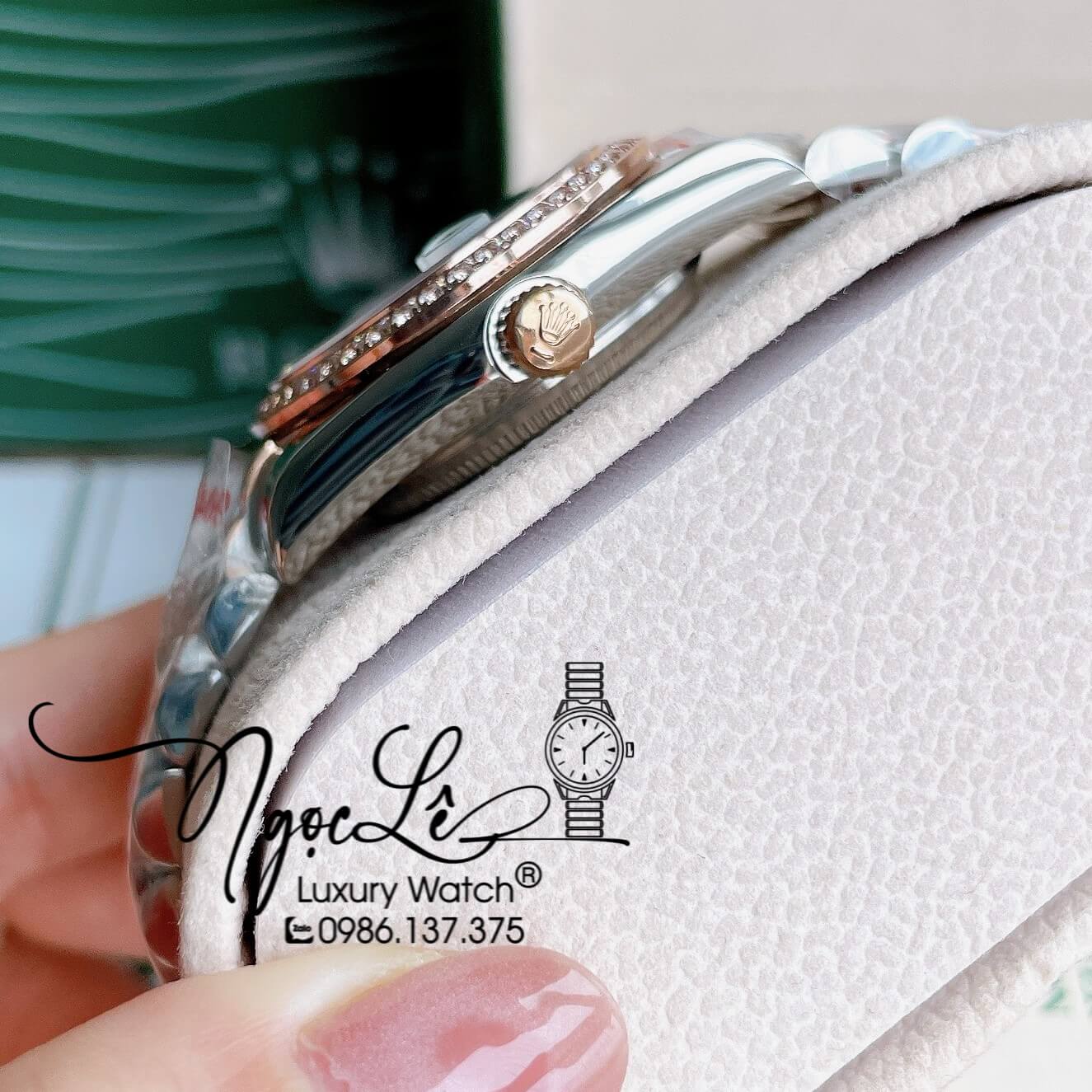 Đồng Hồ Nữ Rolex Datejust Pin Màu Demi Rose Mặt Nâu Đính Đá Size 32mm
