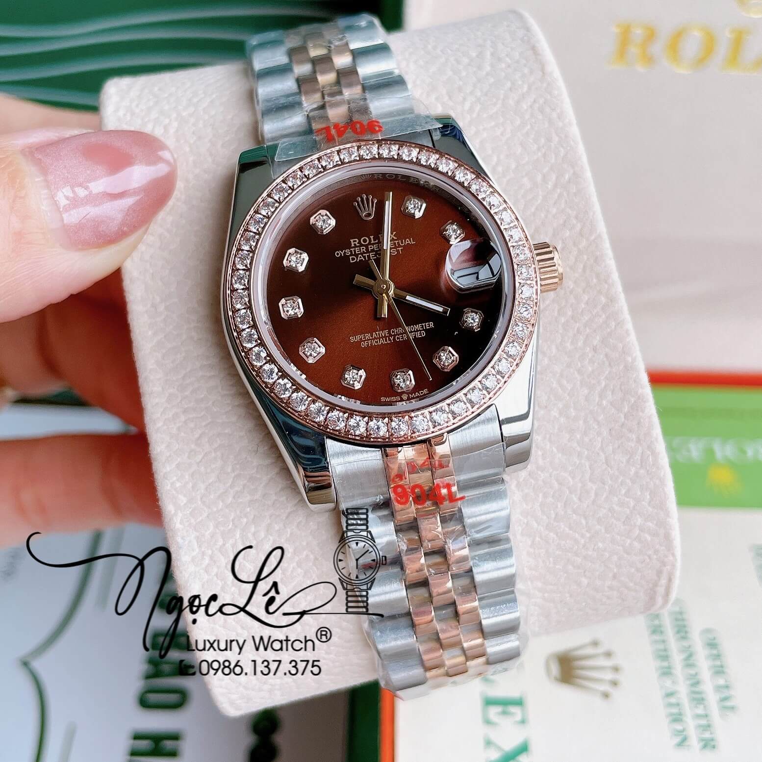 Đồng Hồ Nữ Rolex Datejust Pin Màu Demi Rose Mặt Nâu Đính Đá Size 32mm