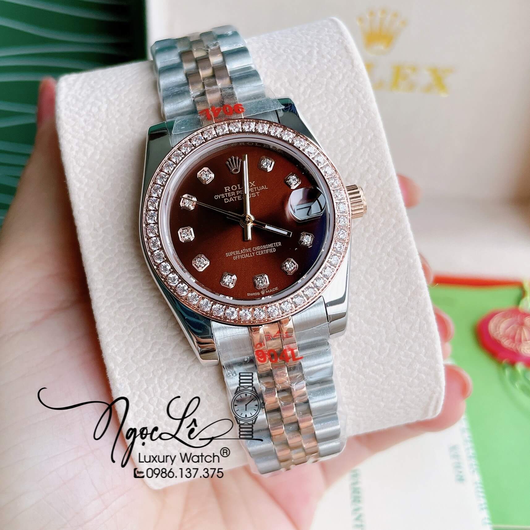 Đồng Hồ Nữ Rolex Datejust Pin Màu Demi Rose Mặt Nâu Đính Đá Size 32mm