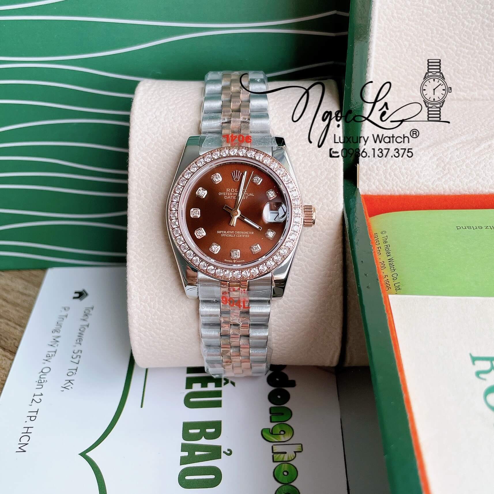 Đồng Hồ Nữ Rolex Datejust Pin Màu Demi Rose Mặt Nâu Đính Đá Size 32mm