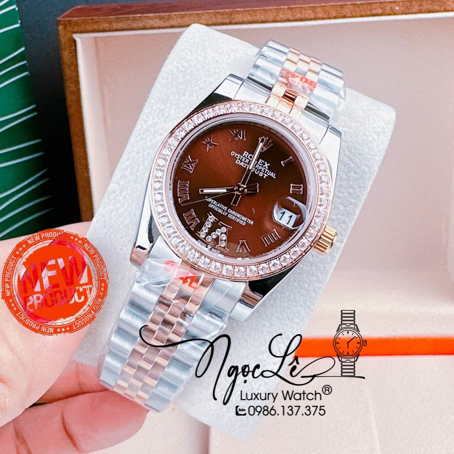 Đồng Hồ Nữ Rolex Datejust Pin Màu Demi Rose Mặt Nâu Đính Đá Size 32mm